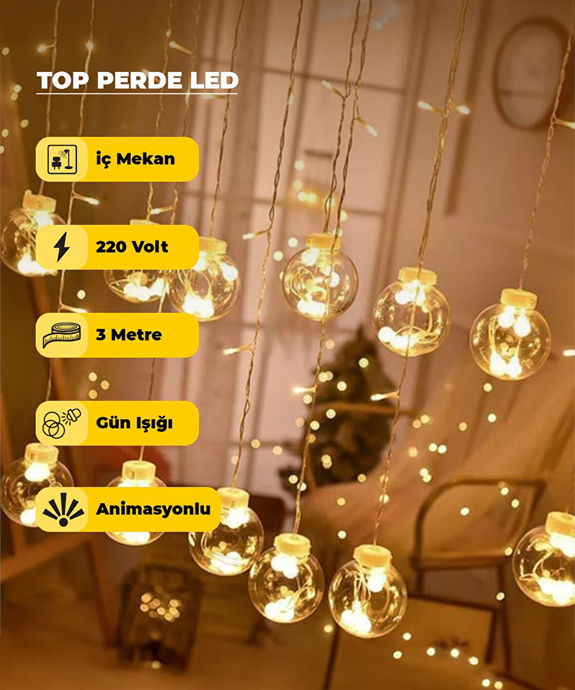 Top Perde Dekoratif Led -  3 Metre - Animasyonlu