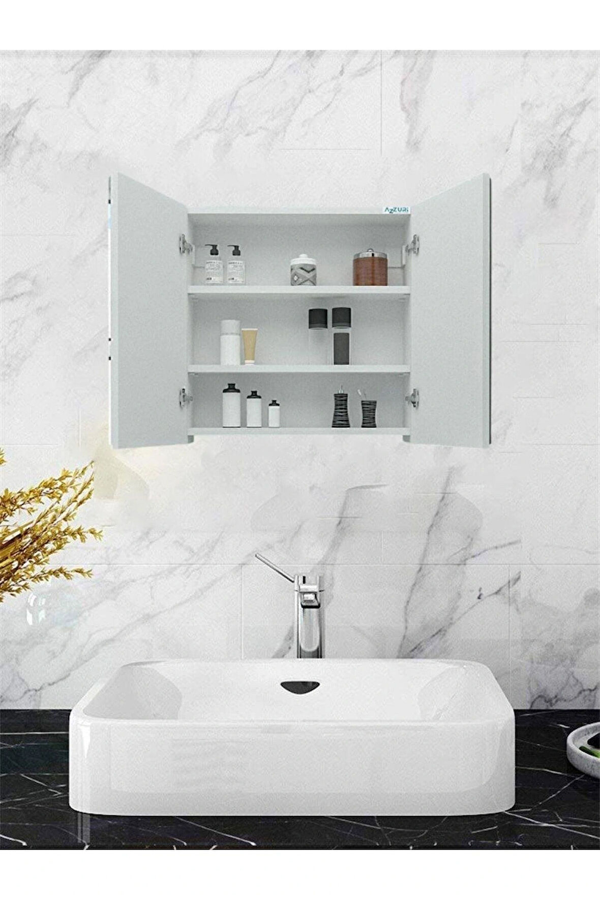 2 Kapaklı, 2 Aynalı Moda Banyo Lavabo Dolabı, Aynalı Üst Dolabı Beyaz