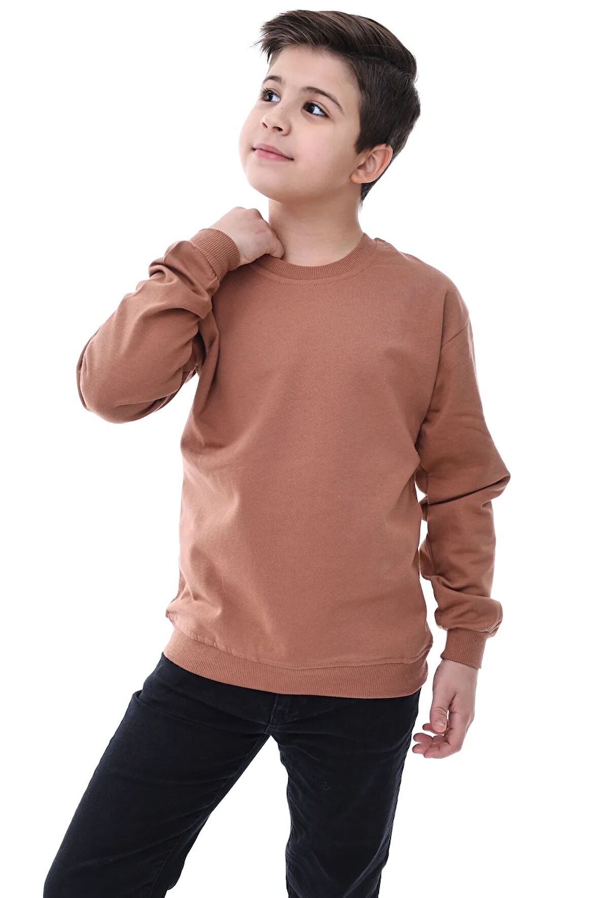 Basic Bisiklet Yaka Şardonlu Çocuk Sweatshirt 3-10 Yaş Krem