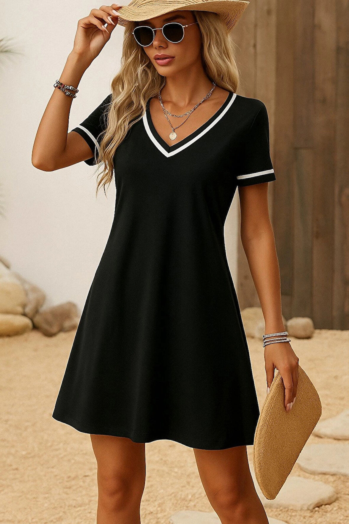 MDB Kadın Kısa Kollu V çizgili Yakalı Kısa Viskon Elbise