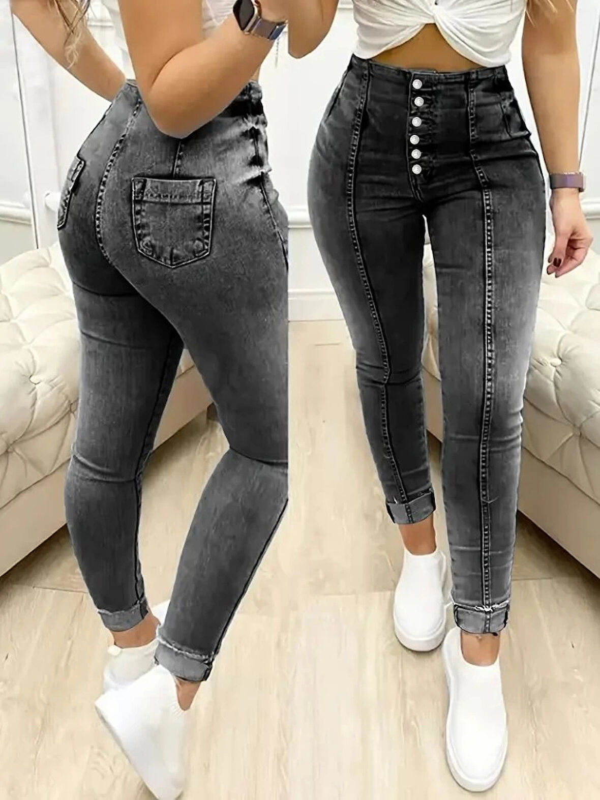 MDB Kadın Yüksek Bel önden Düğmeli Jean Pantolon