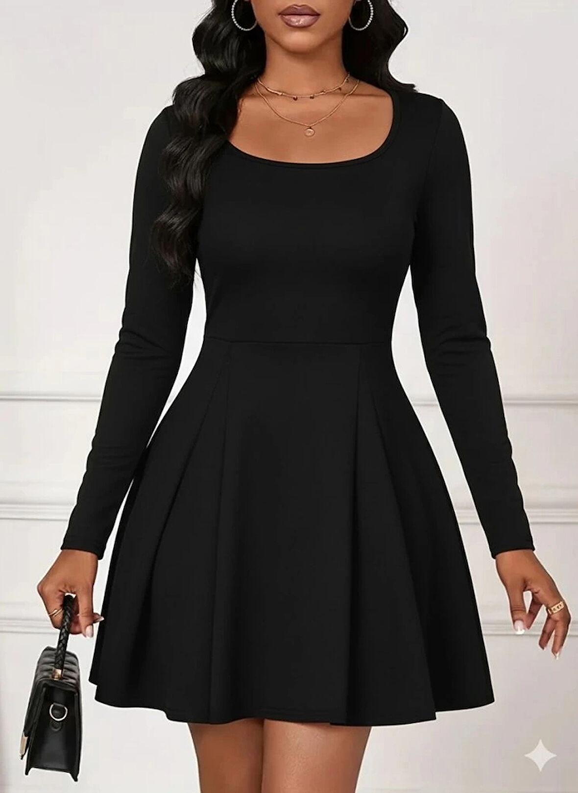 MDB Kadın Uzun Kollu Kare Yakalı Mini Ithal Krep Elbise