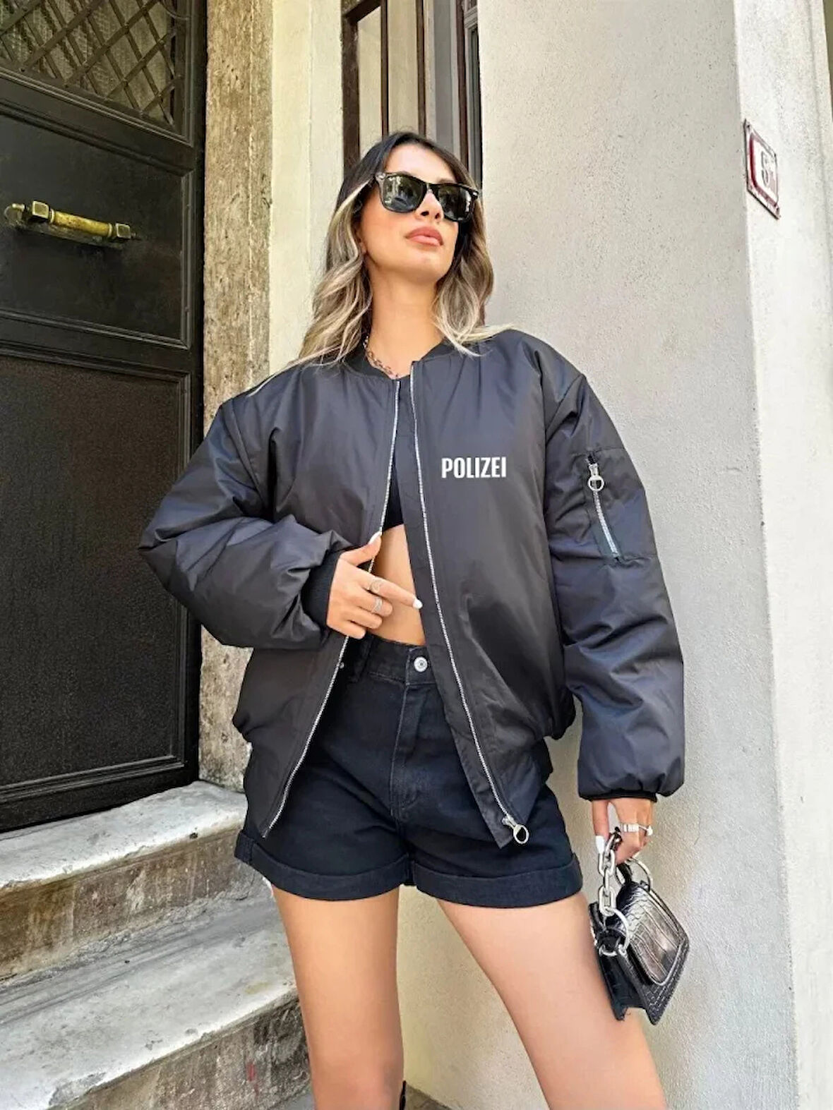 MDB Unisex Uzun Kol Baskılı Bomber Ceket  iyah