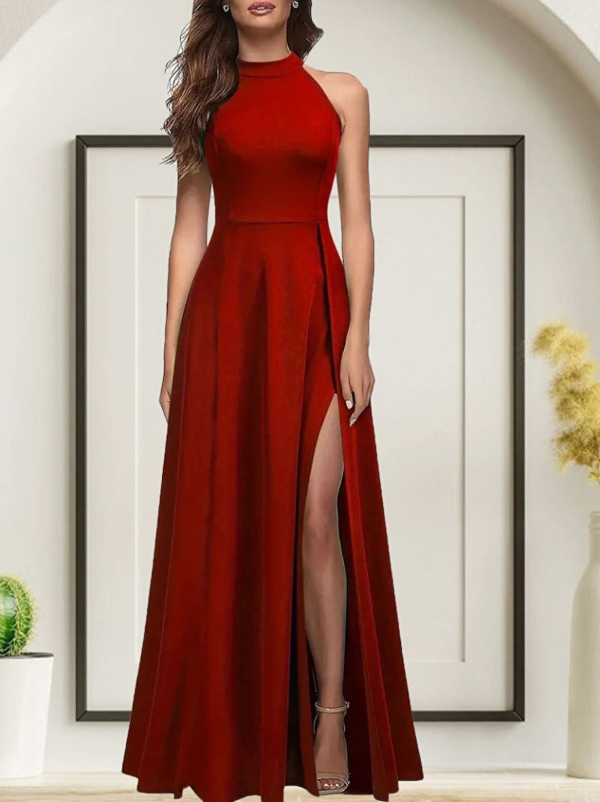 MDB Kadınhalter Yaka Derin Yırtmaç Detaylı Tam Boy Ithal Krep Abiye Elbise