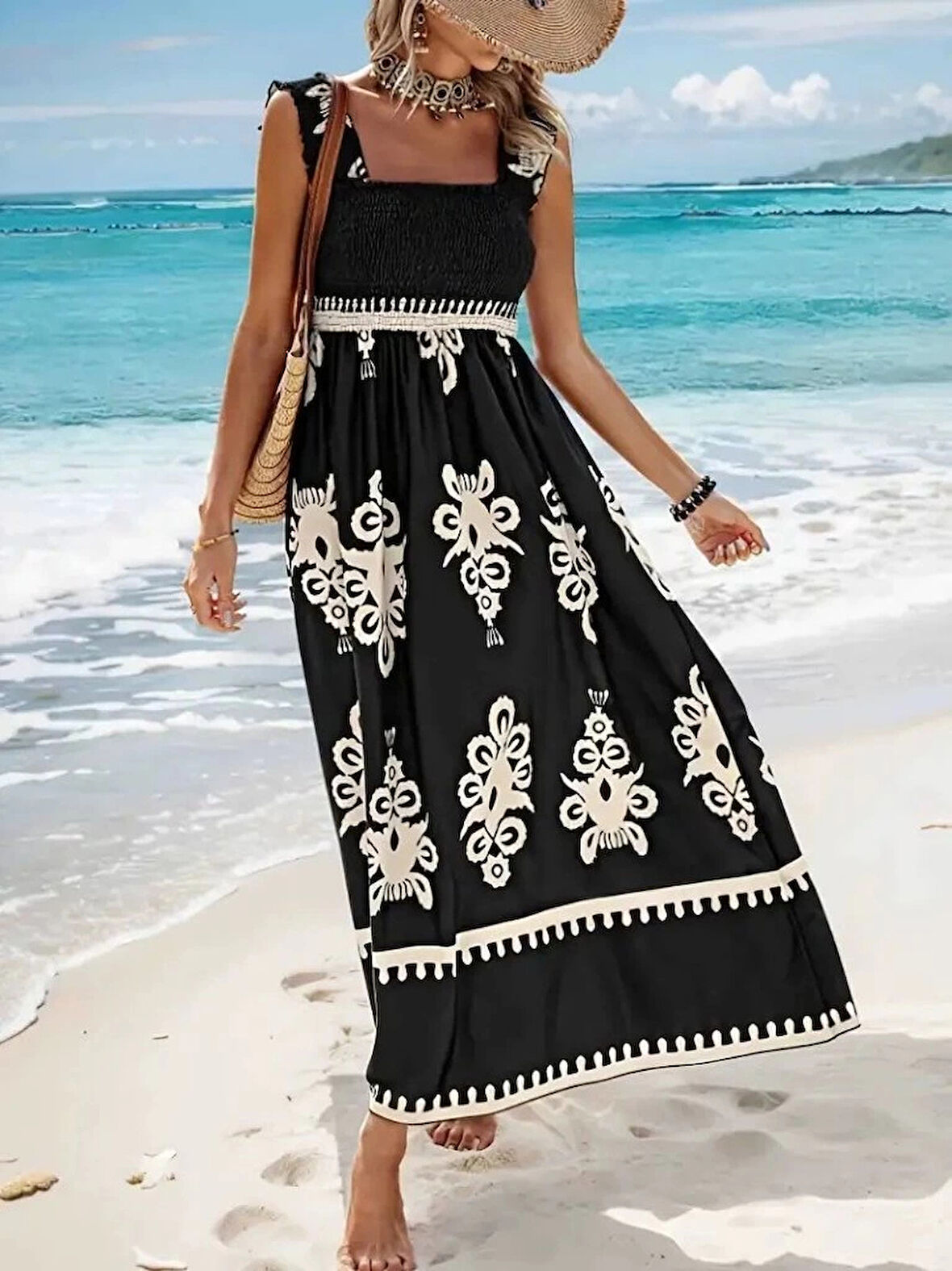 MDB Kadın Askılı Kare Yaka Gipe Detaylı Desenli Suprem Elbise