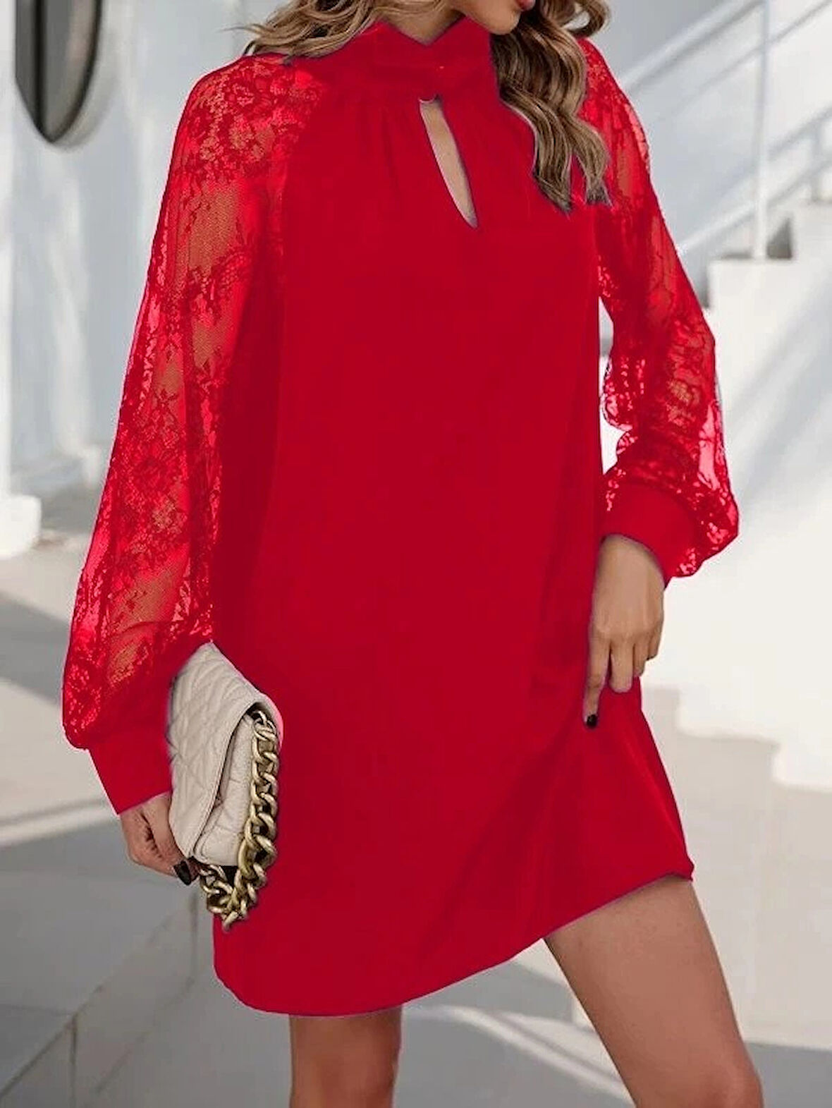 MDB Kadın Uzun Kollu Damla Detaylı Sandy Mini Elbise