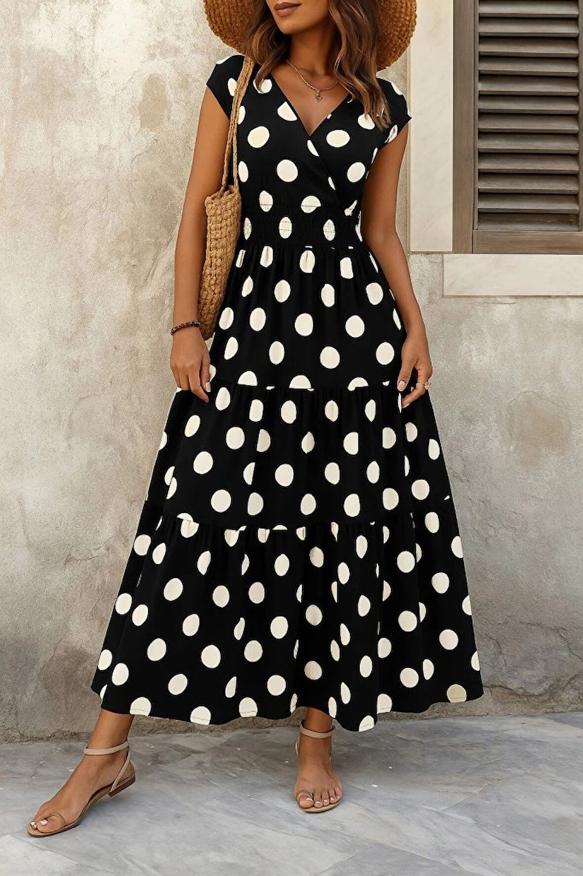 MDB Kadın Kısa Kollu Kruvaze Yaka Beli Lastikli Süprem Maksi Boy Elbise