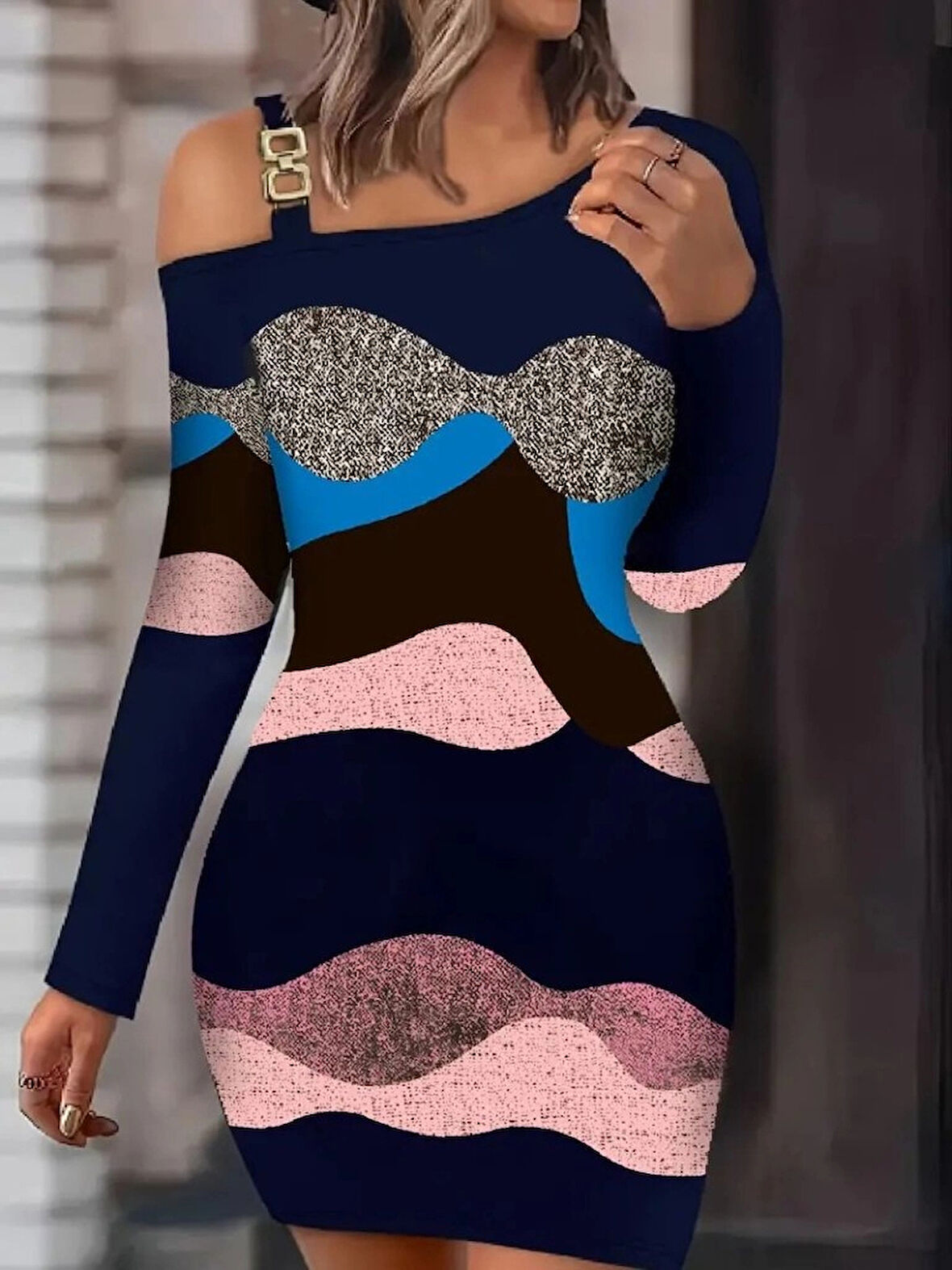 MDB Kadın Uzun Kollu Tek Omuzu Askı Toka Detaylı Kısa Dalgıç Elbise