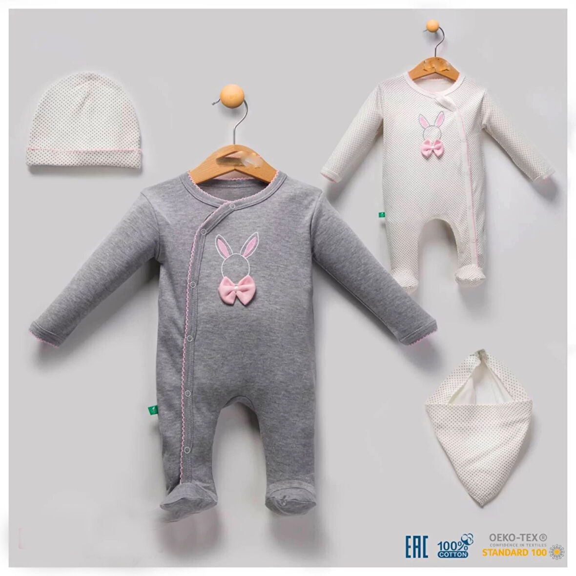 3-6 Ay Tavşan Desenli Fiyonklu Kız Bebek 4'lü Tulum Seti Gri