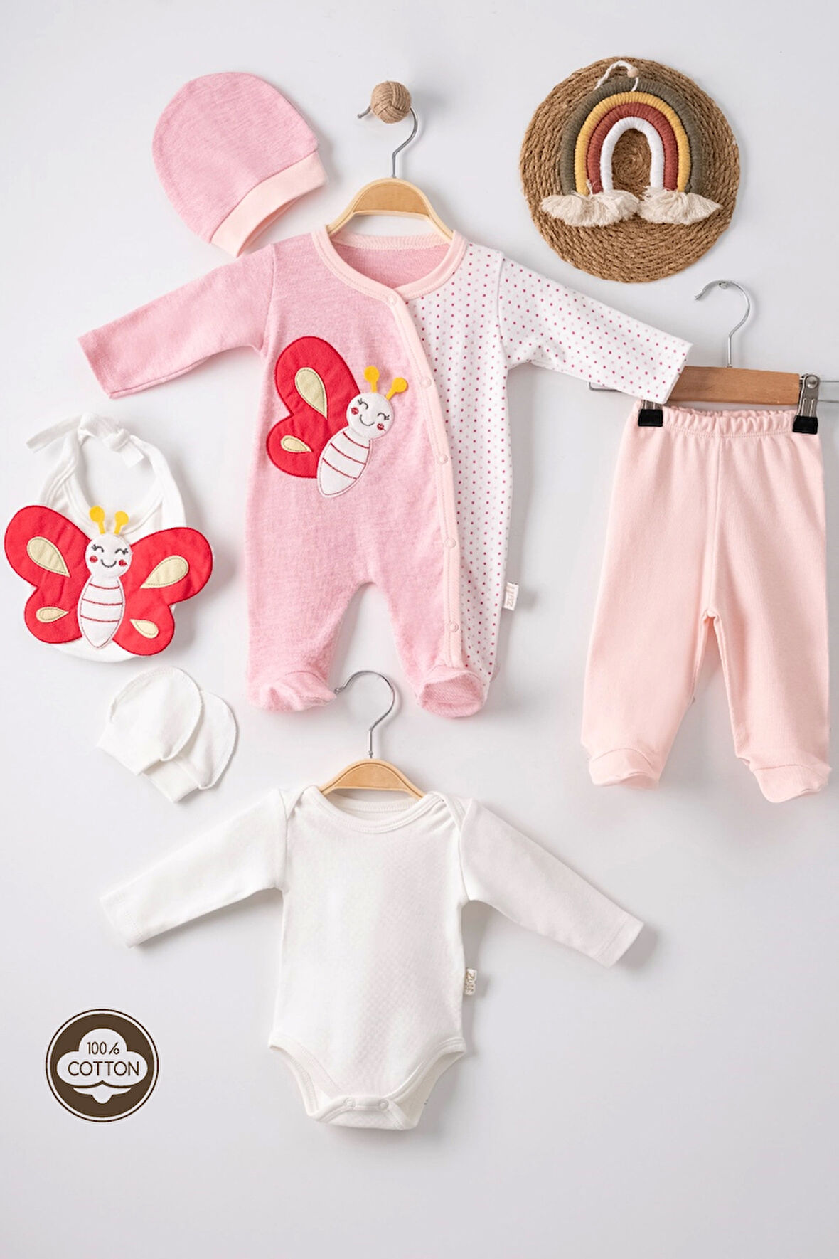 3 Ay Kelebek Nakışlı Puanlı Tulumlu Kız Bebek 5'li Set Pembe
