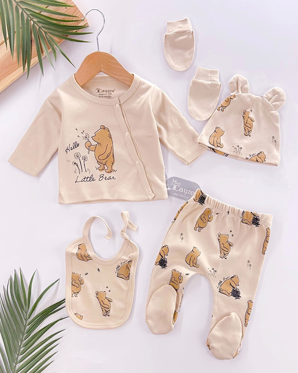 Hello Little Bear Yandan Çıtçıtlı Yenidoğan %100 Pamuk 5li Set