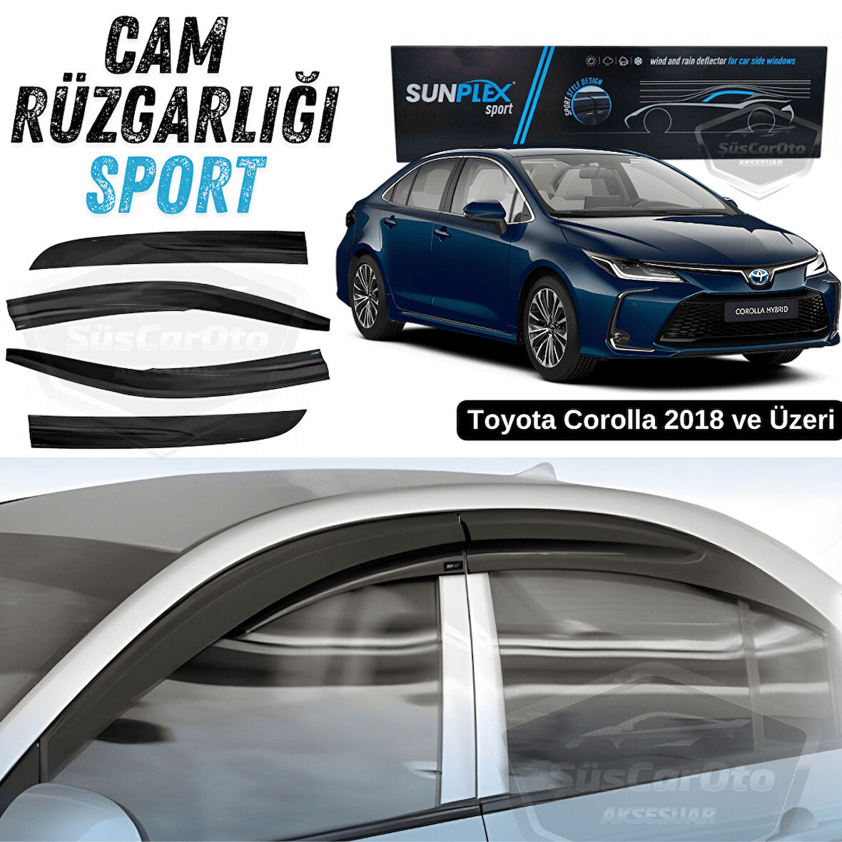 Sunplex Toyota Corolla 2018 Sonrası E210 Uyumlu Spor Cam Rüzgarlığı Seti Piano Black 4'lü Parlak Siyah