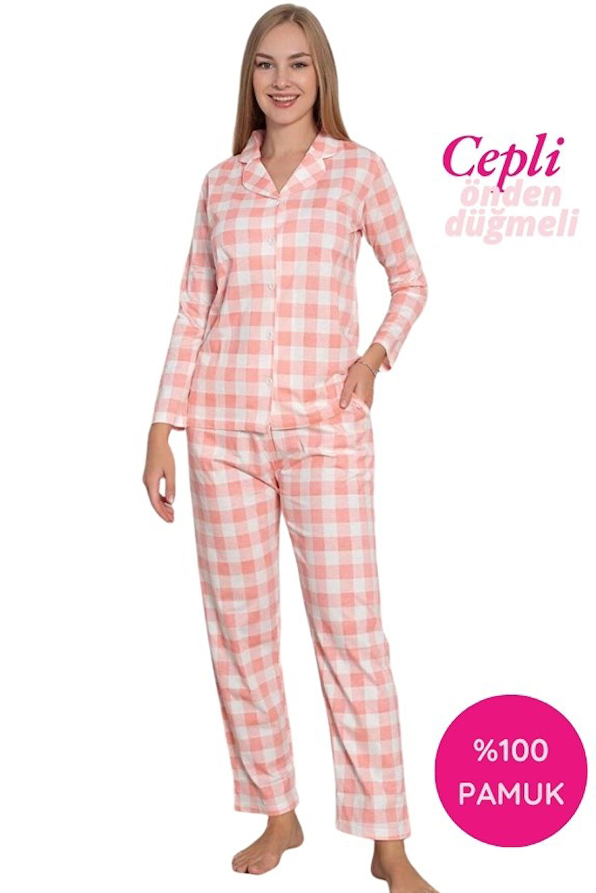 Kadın Ekose Desen Gömlek Yaka Önden Düğmeli %100 Pamuk Penye Mevsimlik Uzun Kol Cepli Pijama Takımı