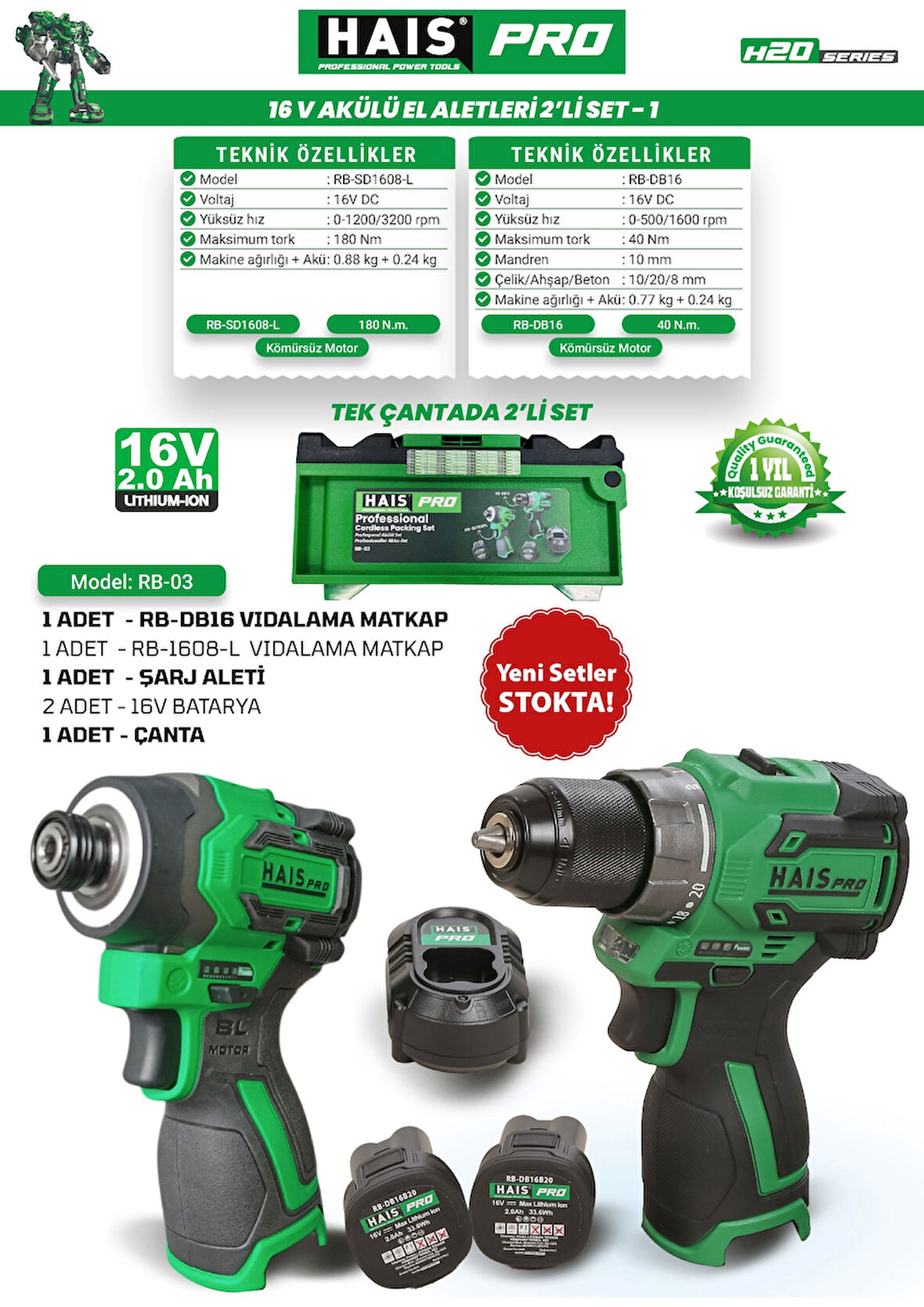 HaisPro Akülü Set - 2'li Profesyonel 16V Akülü Set + 2X2 Ah Çift Akü - RB-03