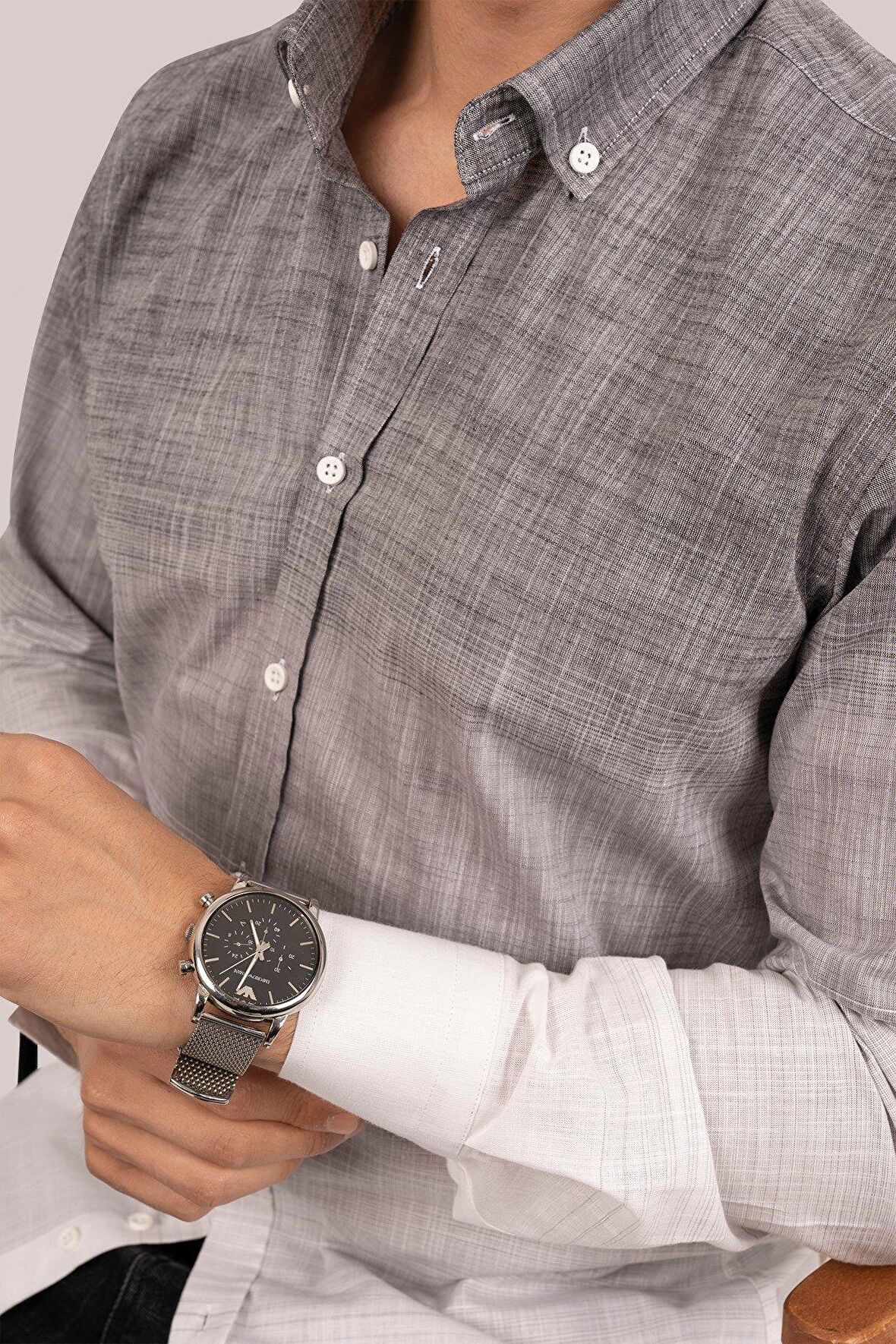 Panolu Gri Beyaz Geçişli Slimfit Keten Gömlek