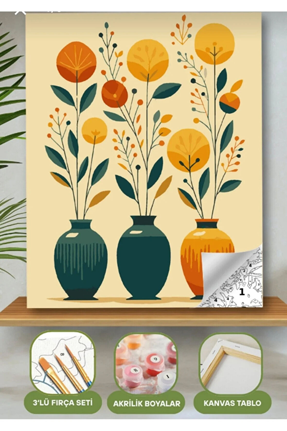 Sayılarla Boyama Seti 40x50 Cm (Çıtalı) Fırça Boya Dahil Numaralı Tuval Üç Vazo