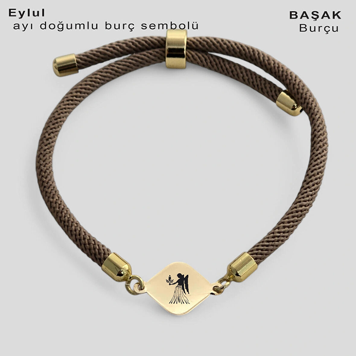 Başak Burçlarına Örgülü Eşkenar Dörtgenli 14 Ayar Altın Plakalı Hediye Bileklik-332burç-kahverengi