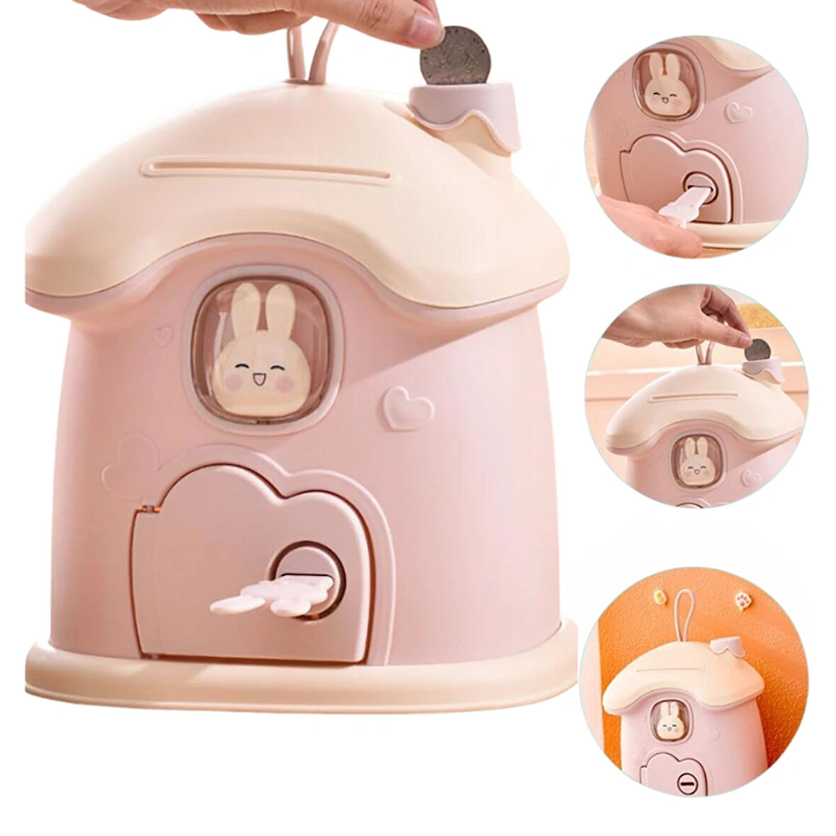 MultiZone Anahtarlı Sevimli Tavşan Ev Kumbarası Pembe Renkli Şık Dekoratif Para Kutusu