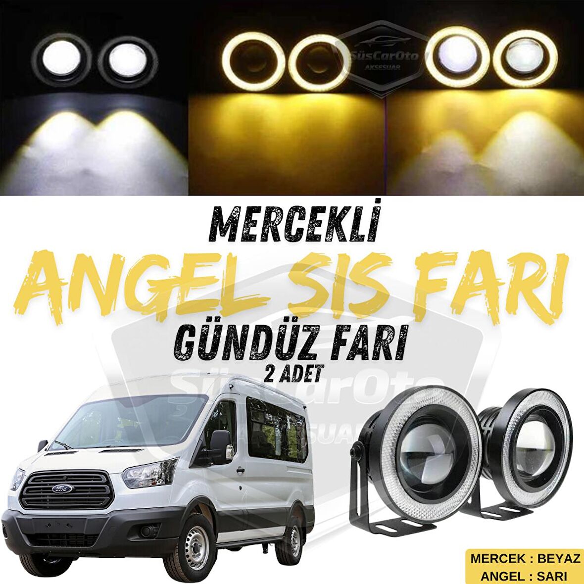 Ford Transit Tüm Modeller Uyumlu Üniversal Mercekli Angel Sis Farı Metal Su Geçirmez 76 mm Sarı Halkalı Gündüz Farı Angel Eyes 2 Adet