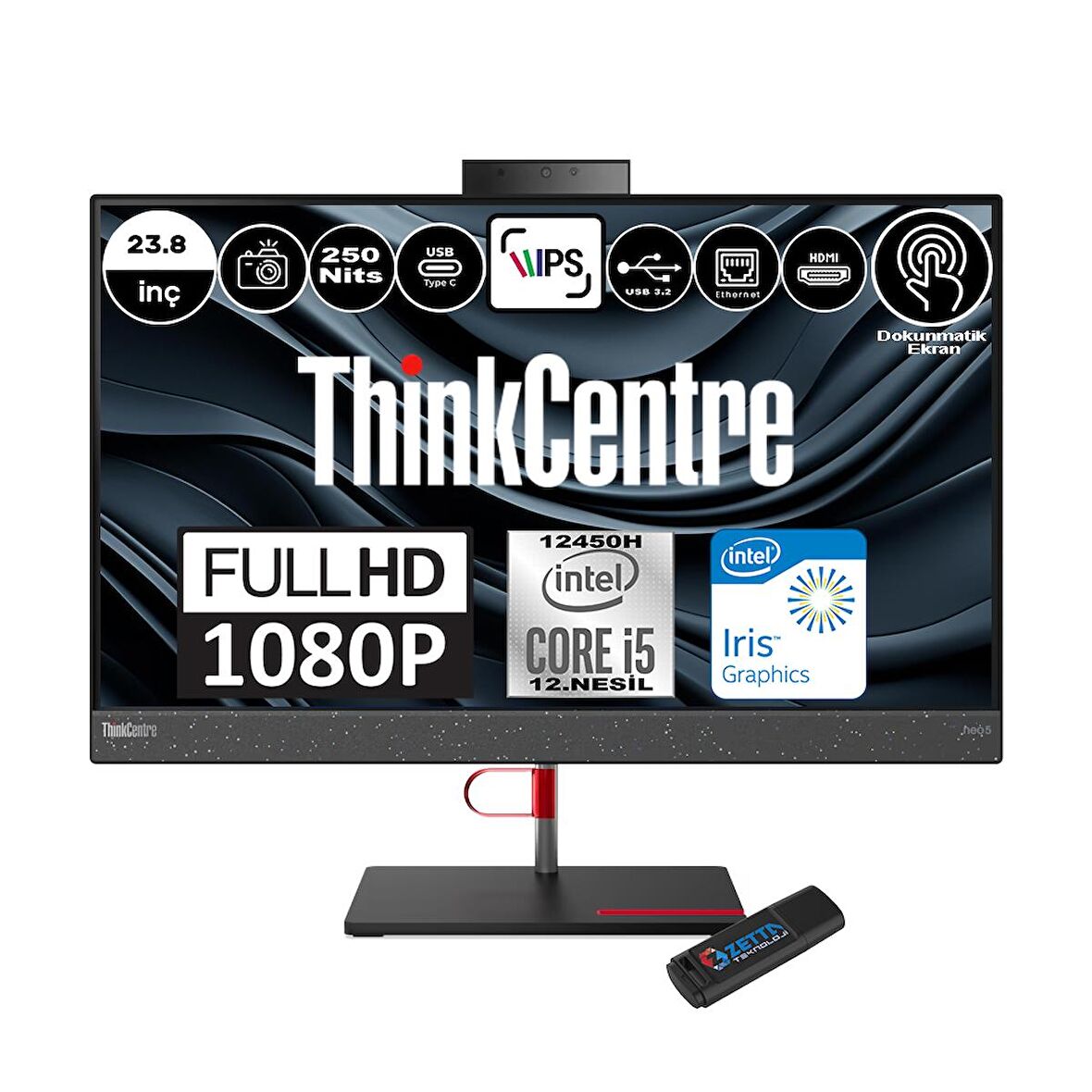 Lenovo Thinkcentre Neo 50A Intel Core I5 12450H 16GB Ddr5 512GB SSD Freedos Intel® UHD Graphics Dokunmatik 23,8" Fhd All In One Bilgisayar 12B800E0TRF01 +Zetta Flash Bellek