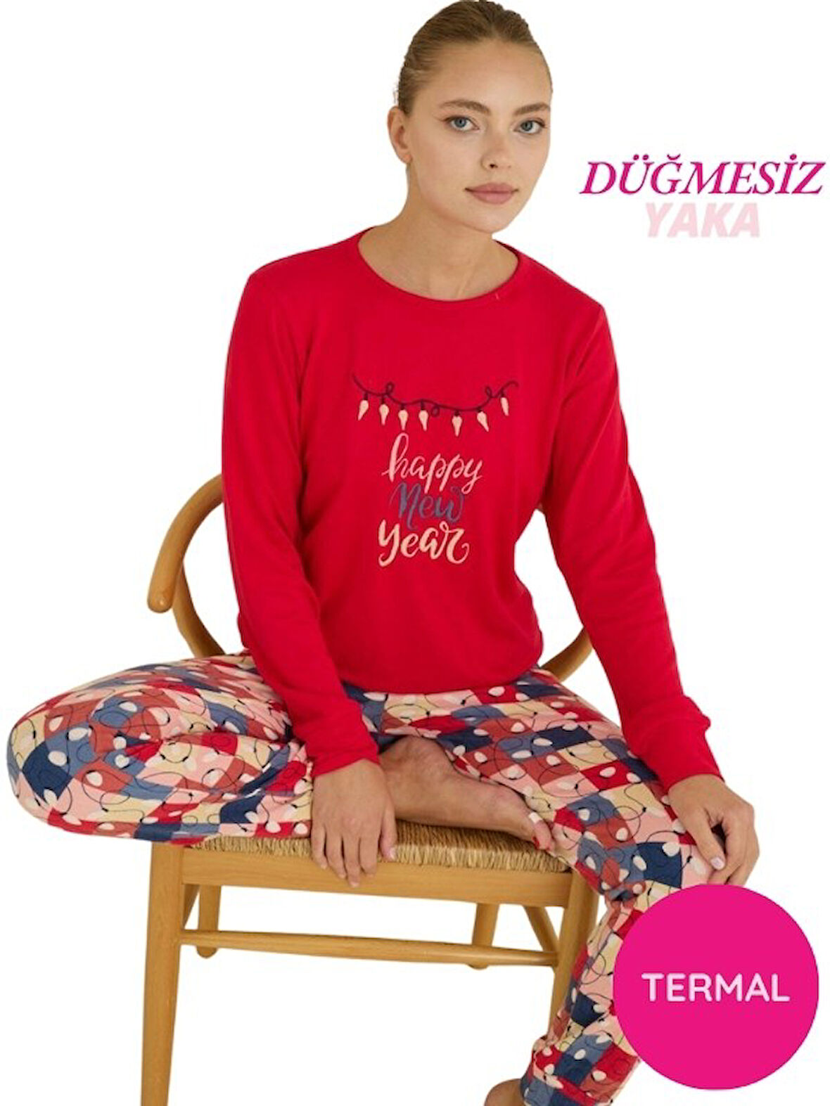 Kadın Bisiklet Yaka Düğmesiz Bilekler Lastikli/Jogger Yumuşak Termal Kışlık Pijama Takımı