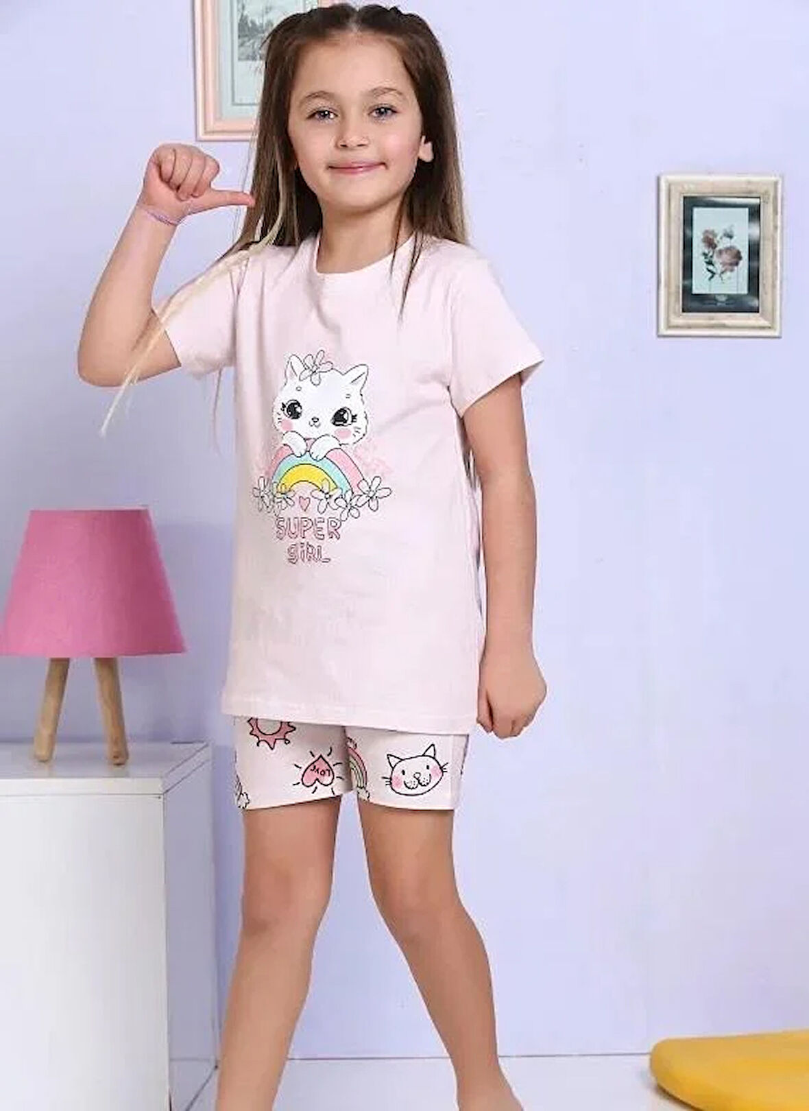 Kız Çocuk Süper Girl Kedicik Baskılı  Şortlu Yazlık 2'li Pijama Takımı