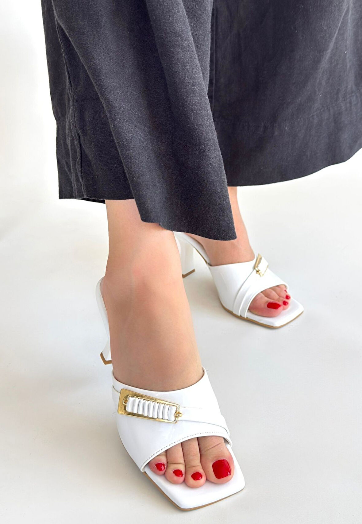 Topuklu Terlik Rugan Beyaz Topuk Boyu 7 Cm