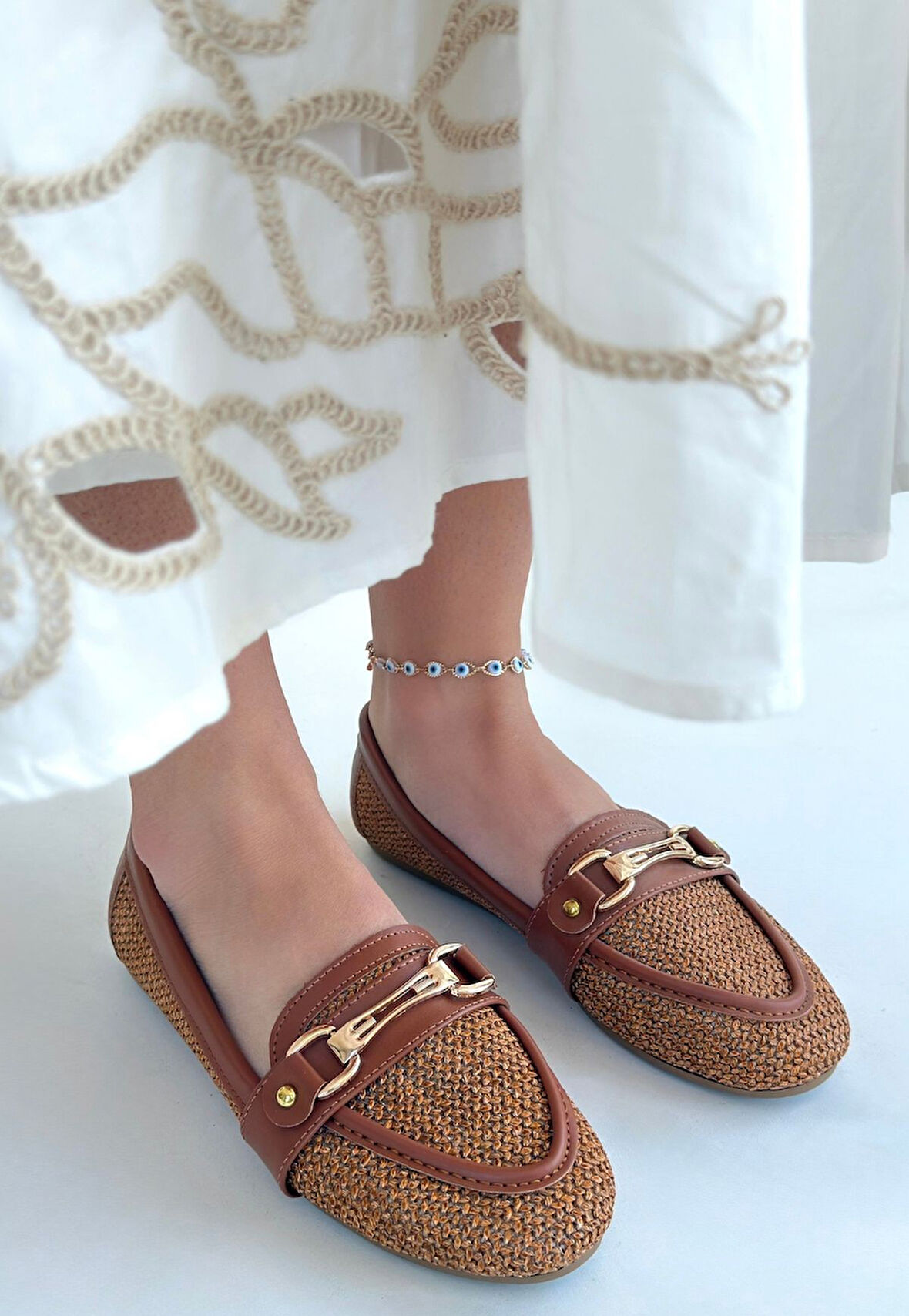 Tokalı Babet Ayakkabı Cilt Taba Topuk Boyu 1 Cm