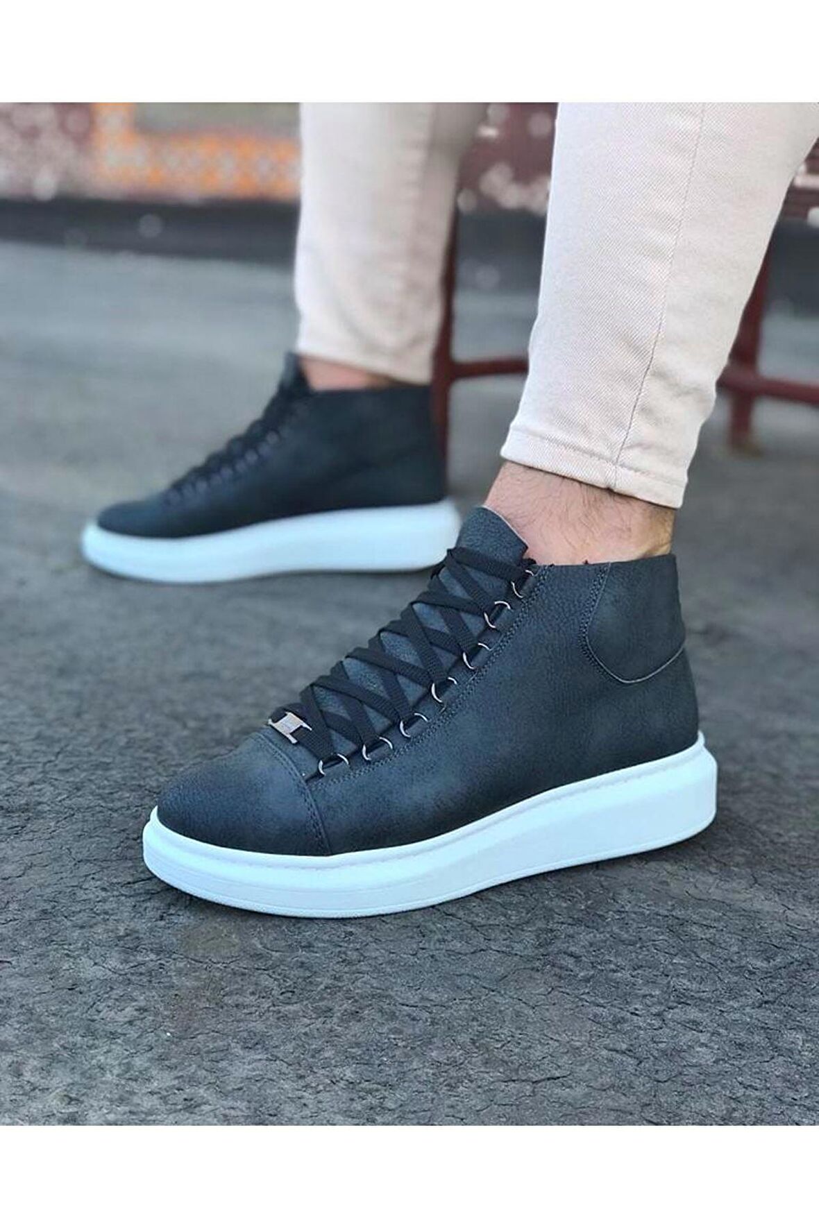 Bağcıklı Sneakers Yarım Bilek Bot Gri Topuk Boyu 3 Cm