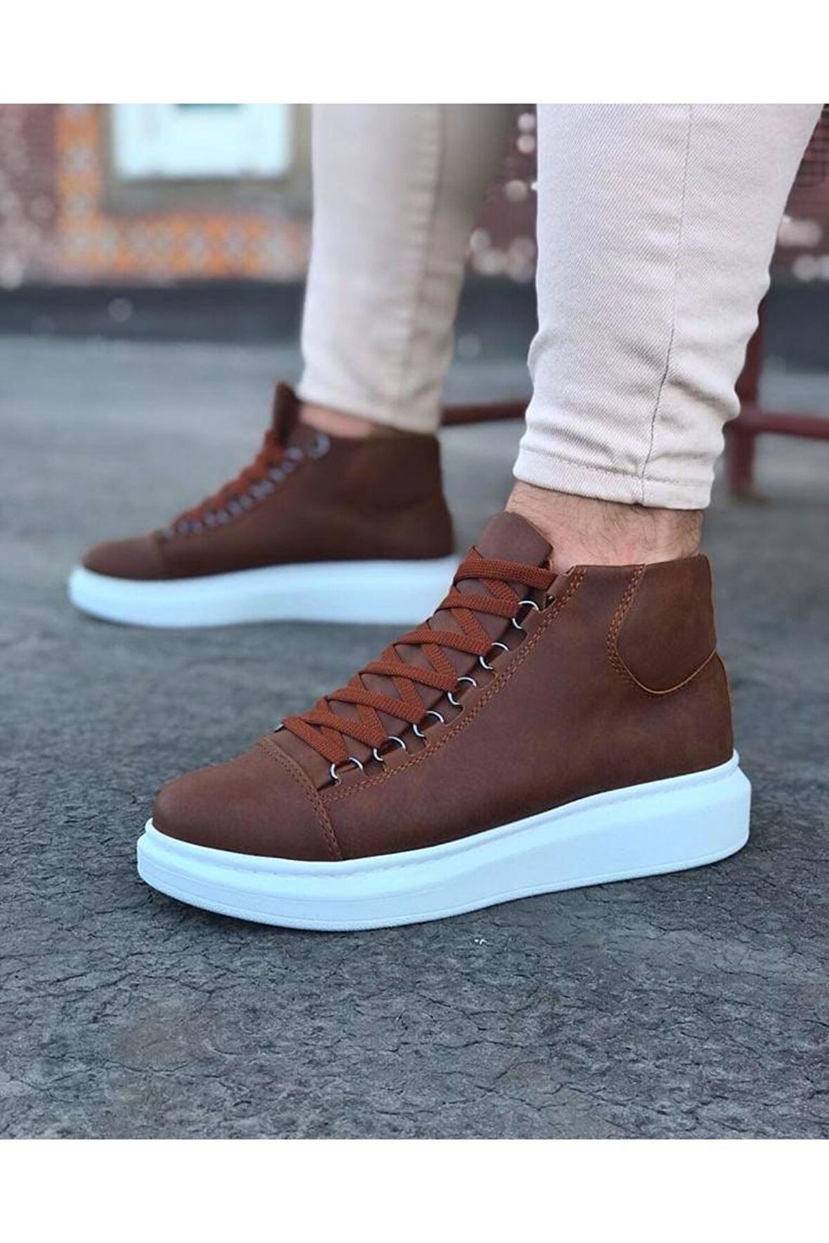 Bağcıklı Sneakers Yarım Bilek Bot Taba Topuk Boyu 3 Cm