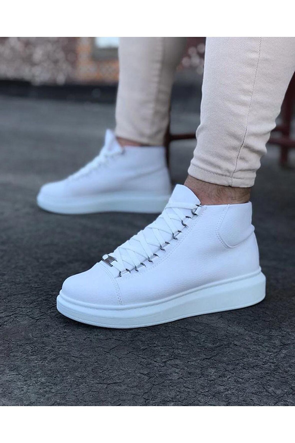 Bağcıklı Sneakers Yarım Bilek Bot Beyaz Topuk Boyu 3 Cm