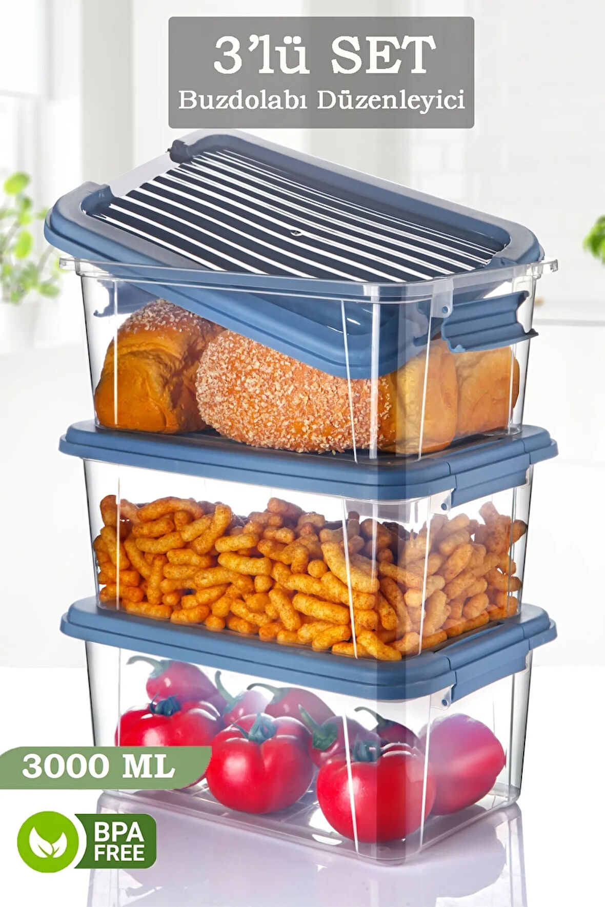 3'lü 3 Lt Kilit Kapaklı Erzak Saklama Kabı - Çok Amaçlı Düzenleyici Kutu Gıda Bakliyat Kabı Mavi