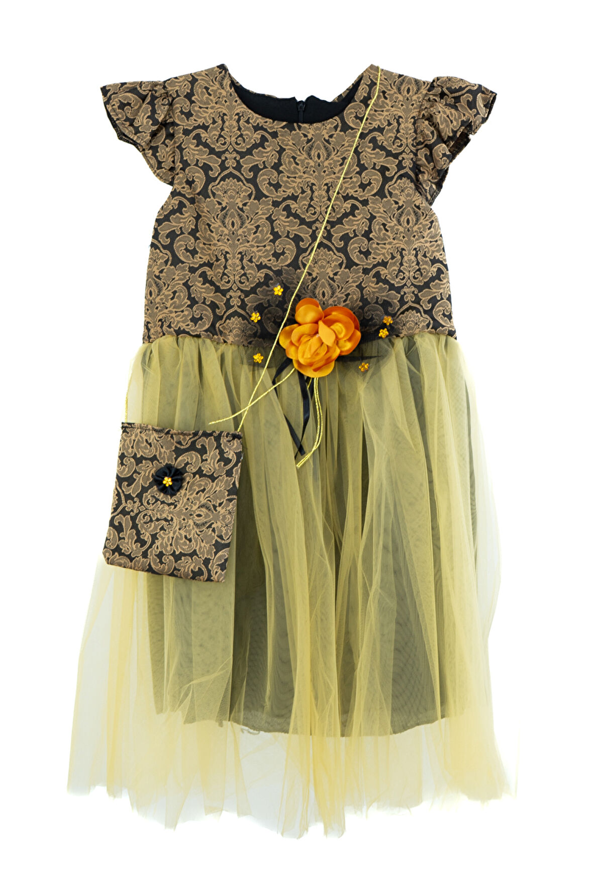 Oppland Kız Çocuk Elbise 5-6-7-8 Yaş %100Pamuk Prenses Model Çantalı ipKemerli YuvarlakYaka Astarlı