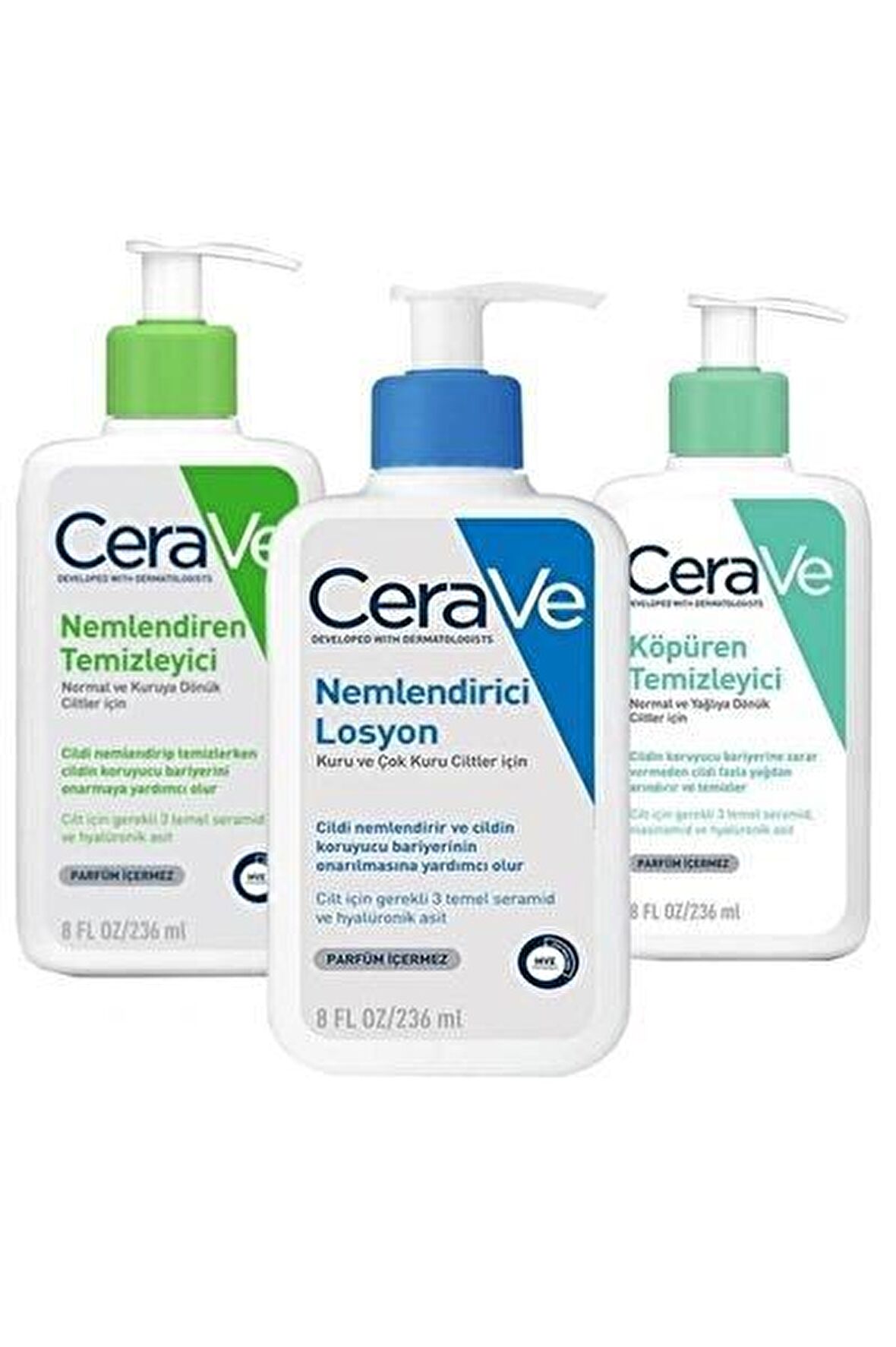 CeraVe Nemlendiren Temizleyici 236 Ml + Köpüren Temizleyici 236 Ml + Nemlendirici Losyon