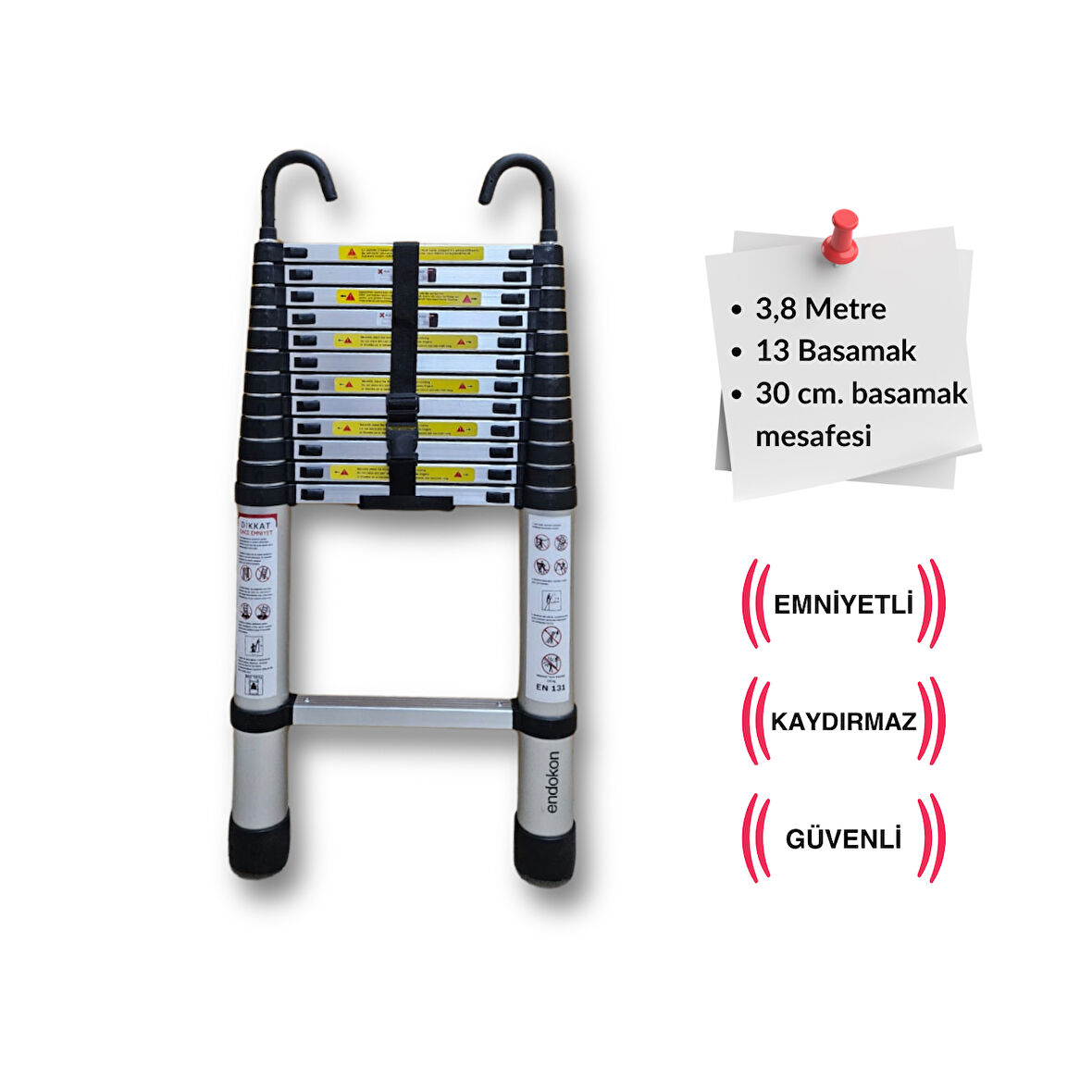 13 basamak - 380 cm. KANCALI Teleskobik / Teleskopik Alüminyum Merdiven - I Tipi Uzayan Merdiven