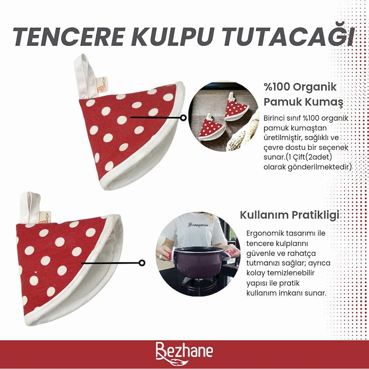 BEZHANE 2'li %100 Pamuk Kumaş  Tencere Tutacağı