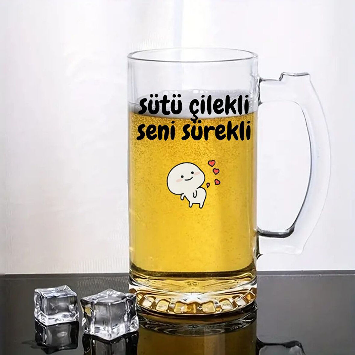 Sütü Çilekli Seni Sürekli Tasarımlı Arjantin Bira Bardağı Kulplu Bardak