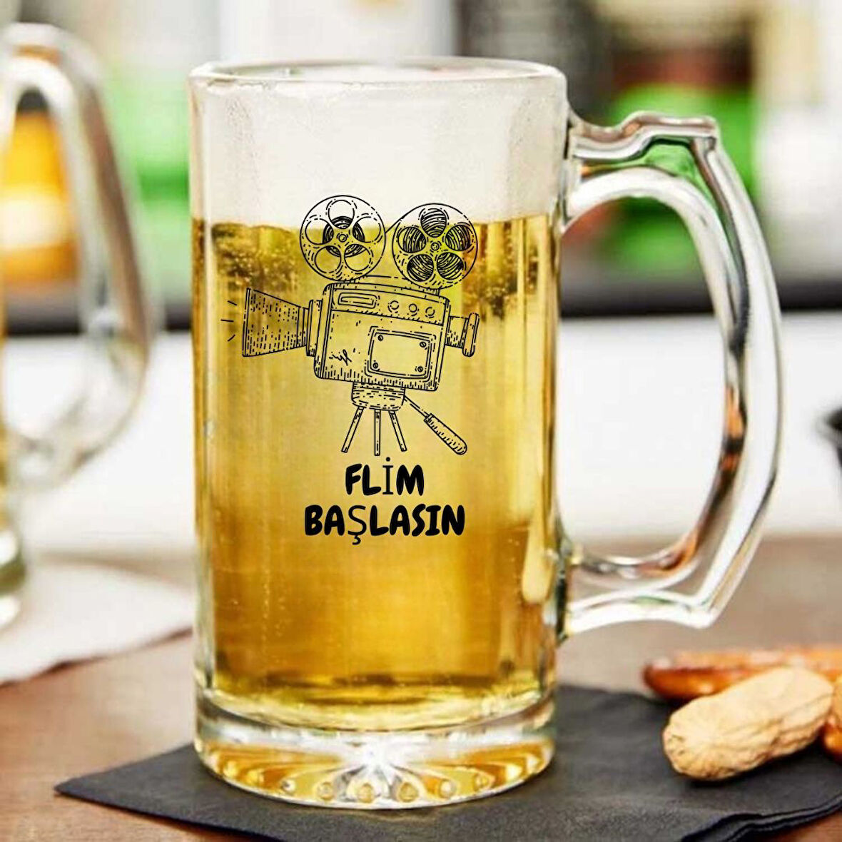 Film Başlasın Yazılı Cam Bira Bardağı – Sinema Temalı Mizahi Hediyelik Kupa