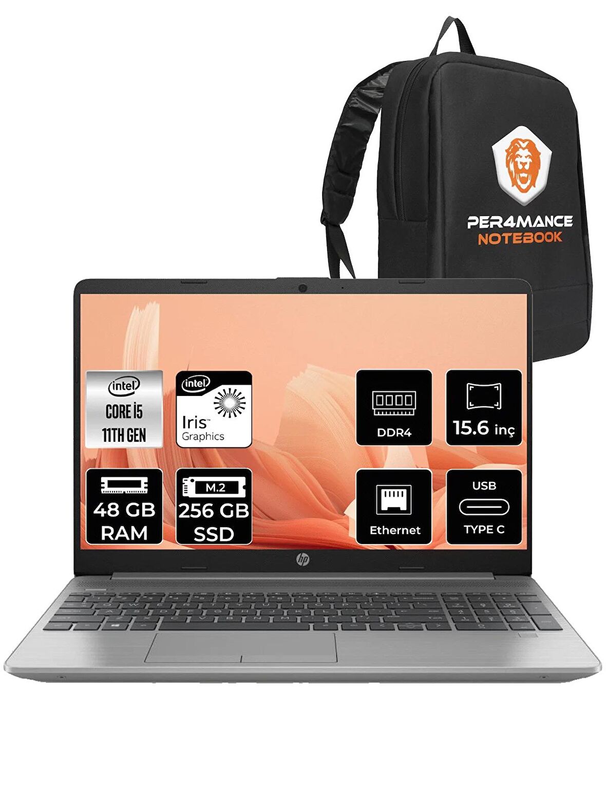 HP 250 G8 i5 1135G7 48GB RAM 256GB SSD 15.6'' FHD FDOS 853U8ES & PER4 ÇANTA