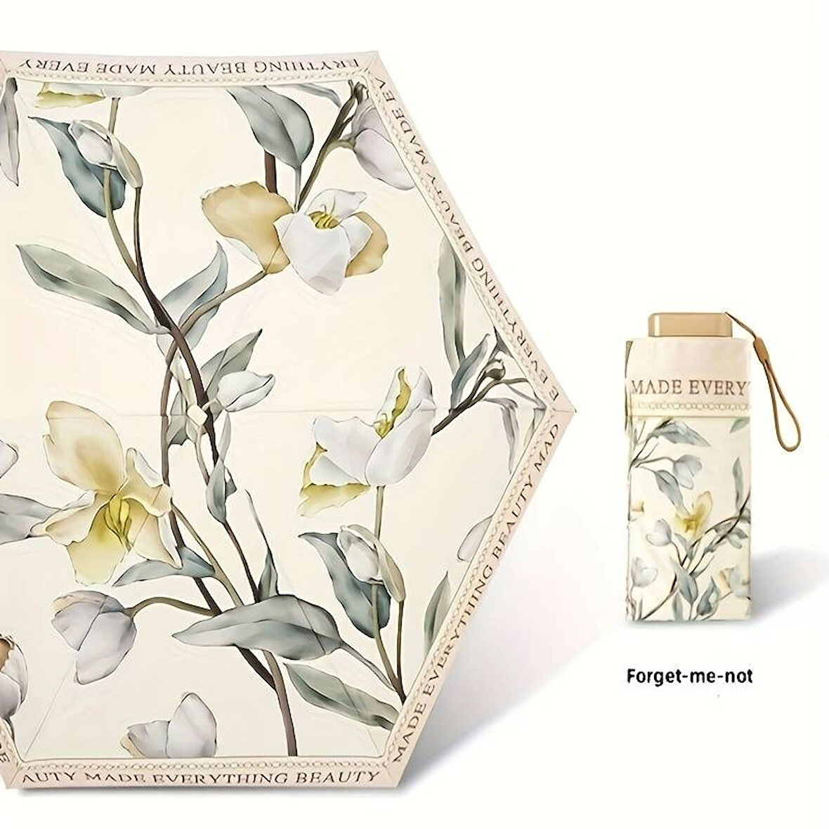 Forget Me Not Çiçek Desenli Otomatik Şemsiye, Krem Rengi, 91 cm Çap, Katlanabilir, Taşınabilir