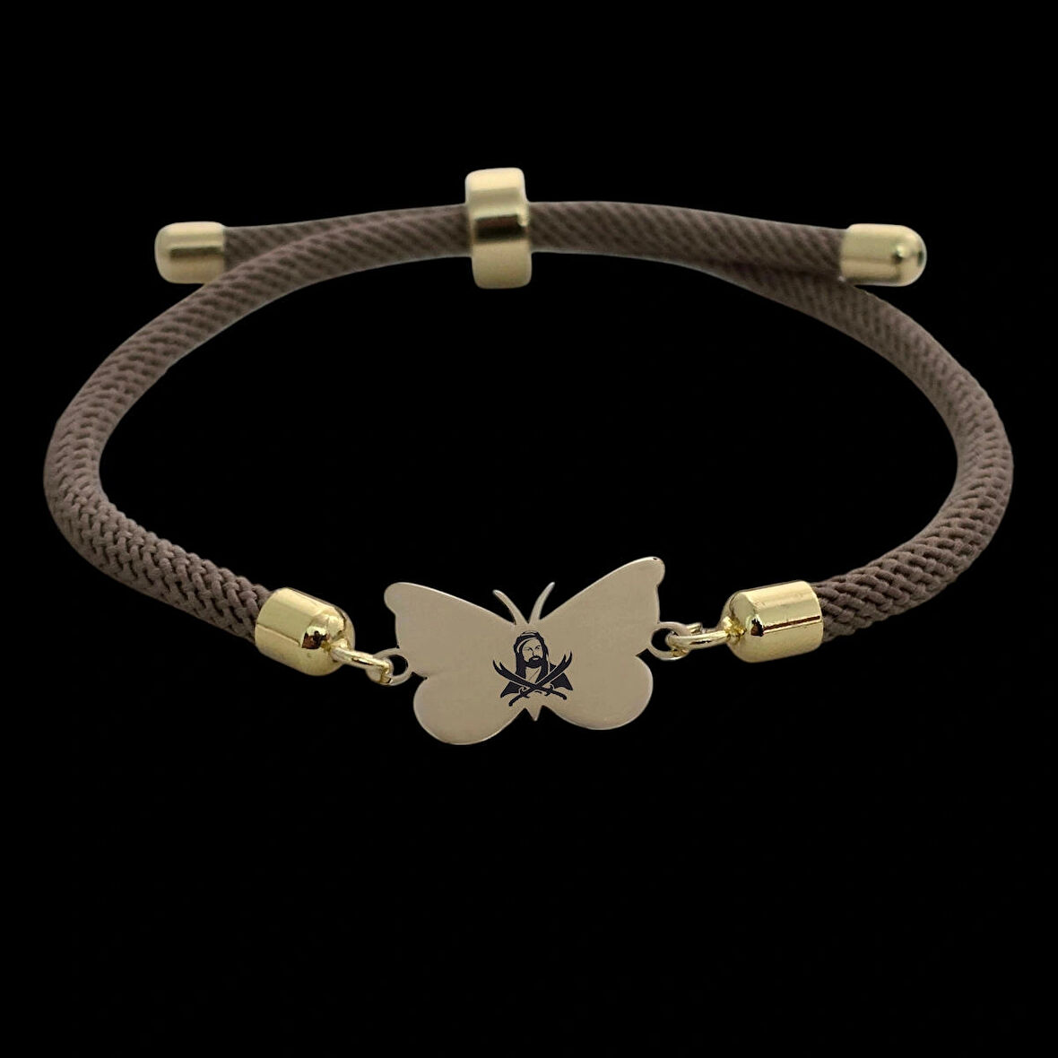 Hz Ali Temalı Kelebek Motifli 14 Ayar Altın Plakalı Örgülü Hediye Bileklik-336sembol-kahverengi