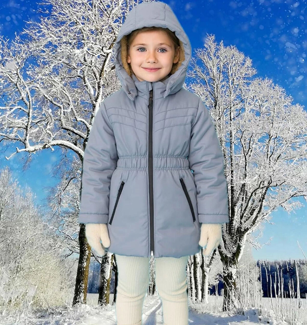 kapişonlu beli lastikli içi kürklü kız çocuk mont