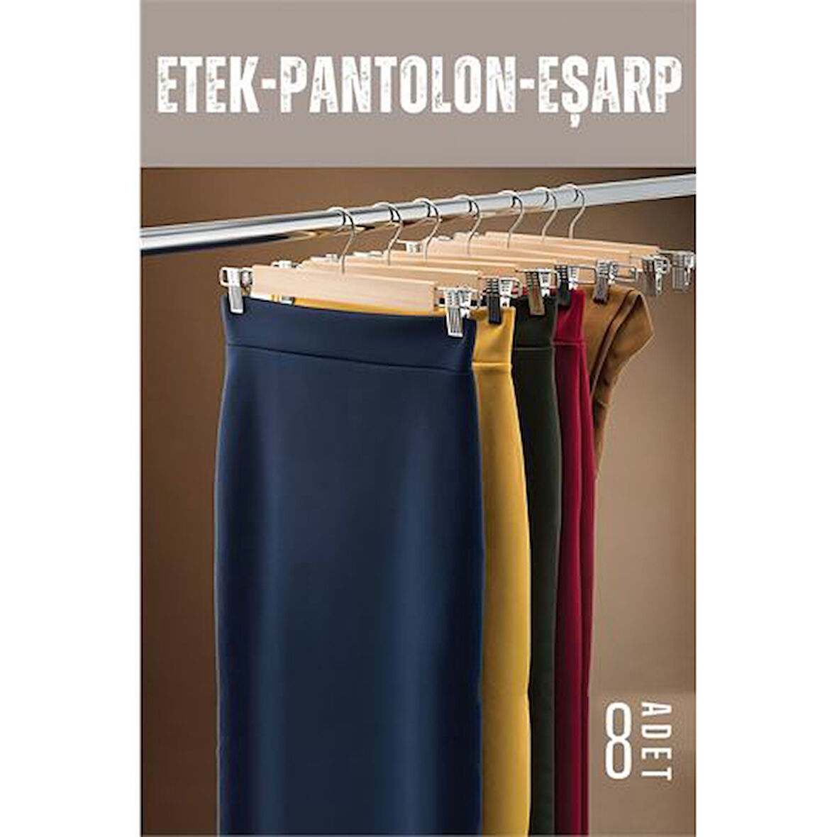 Findit Etek Pantolon Eşarp Kıskaçlı Askı 8 Adet Ahşap