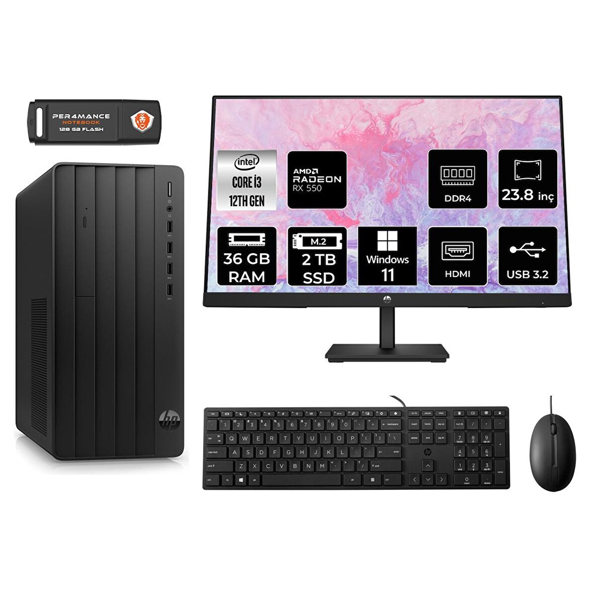 HP TOWER 290 G9 i3 12100 36GB RAM 2TB SSD RX550/4GB W11H 6D3A1EA MASAÜSTÜ PC & 23.8'' MONİTÖR