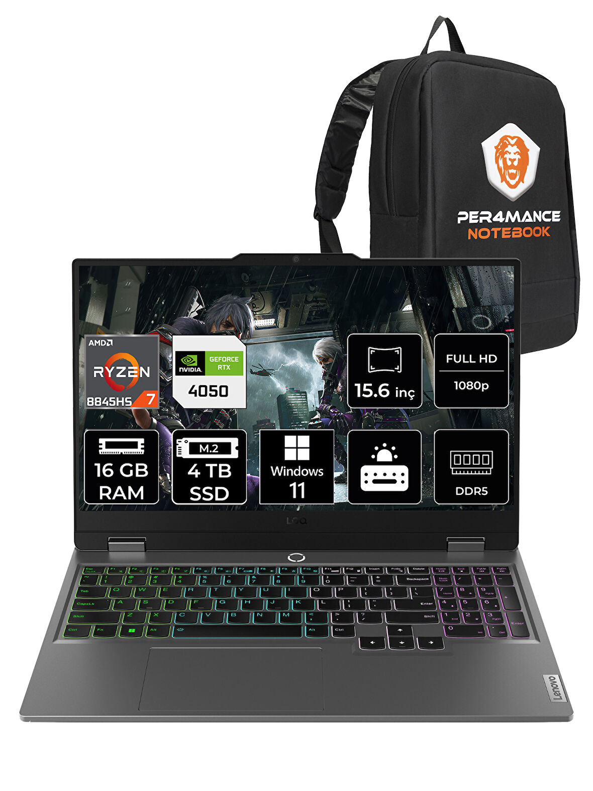 Lenovo LOQ  R7-8845HS 16GB 4TB SSD RTX4050/6GB 15.6" FHD 144Hz W11H 83DX0093TR & PER4 ÇANTA