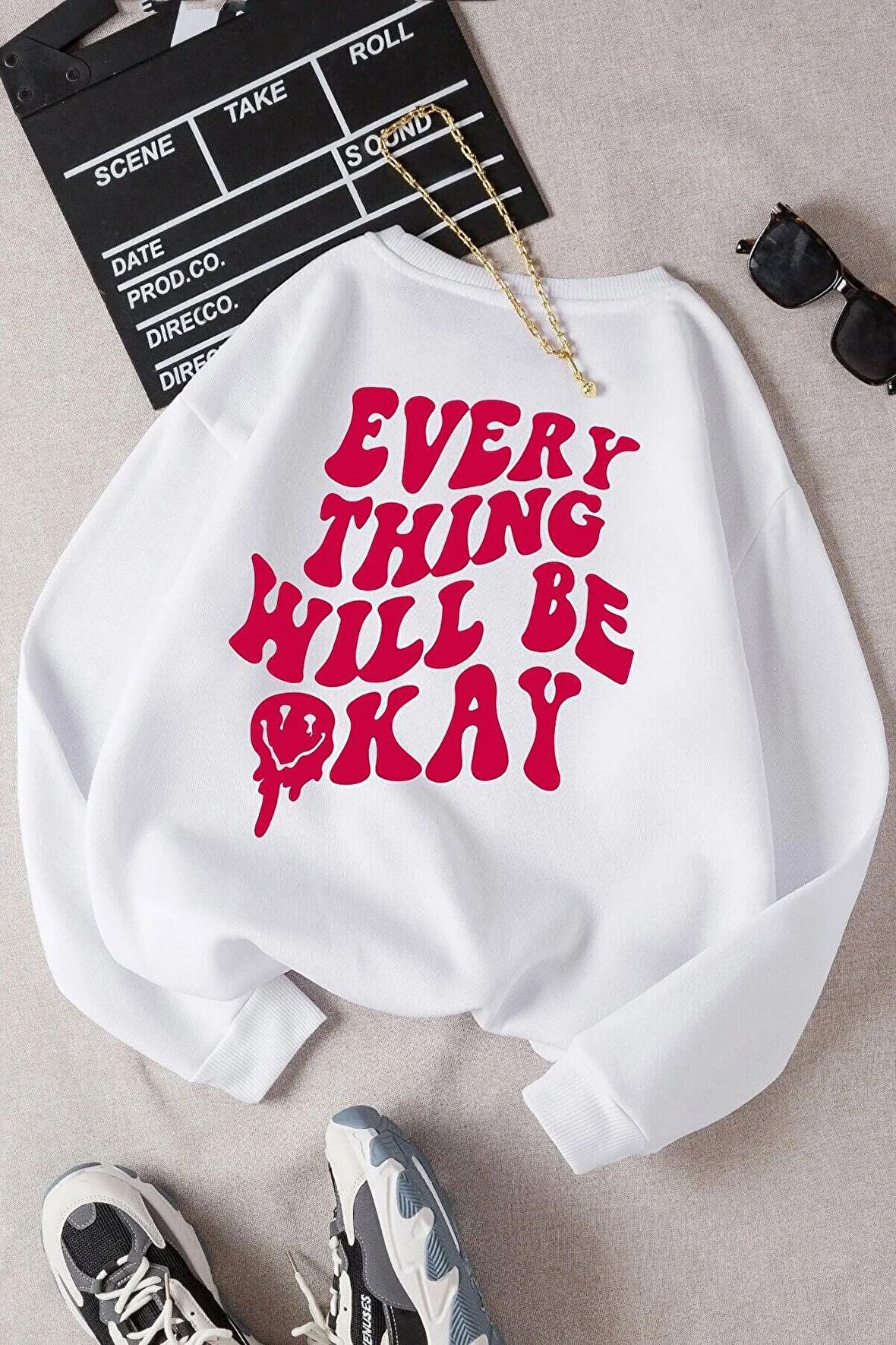 Siyah Oversize Kalıp Every Thing Will Be Okay Baskılı Unisex Bisikletyaka Sweatshirt