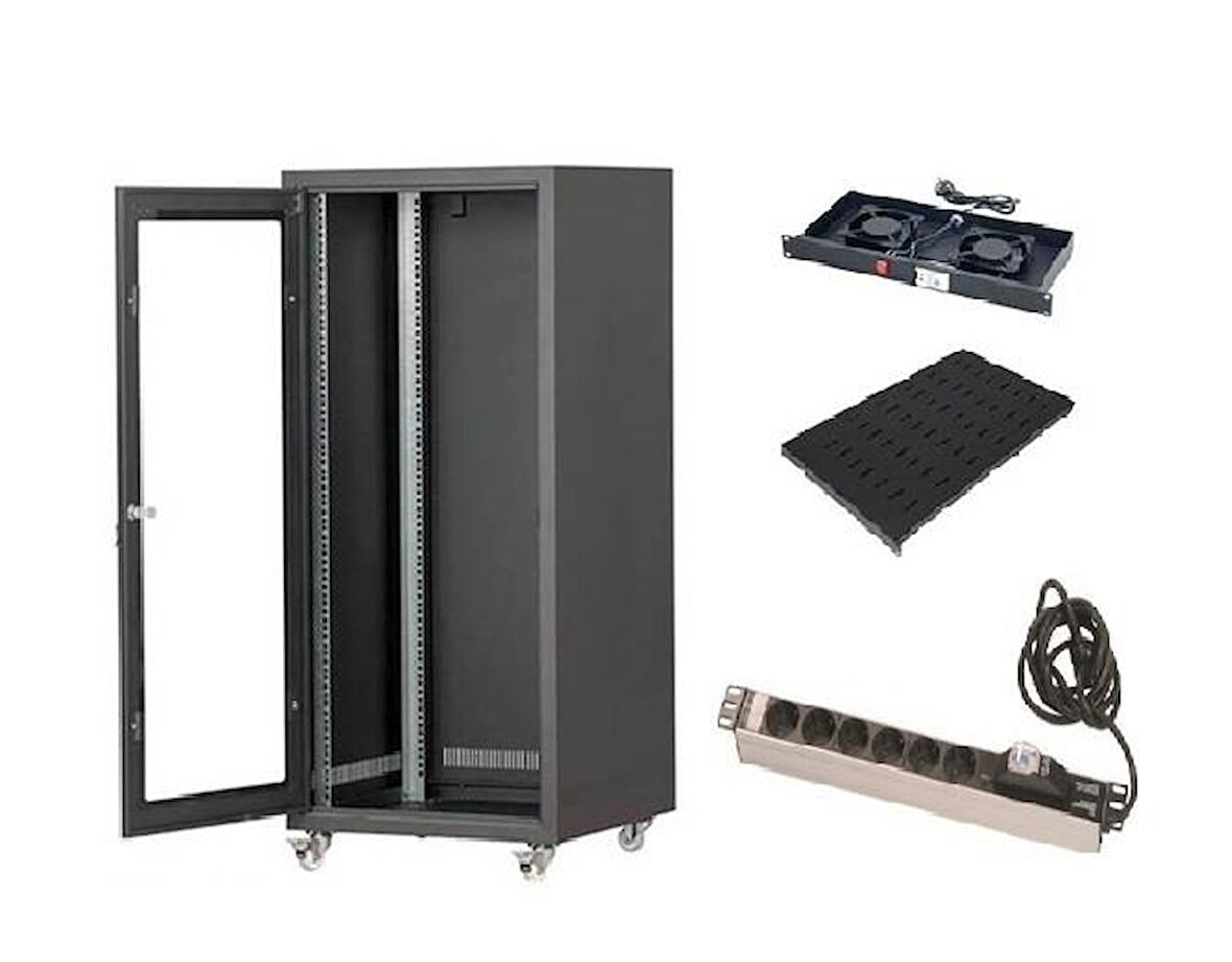 SETRACK 16U 600X800 RACK KABİNET+SABİT RAF+2Lİ FAN MODÜLÜ+GRUP PRİZ