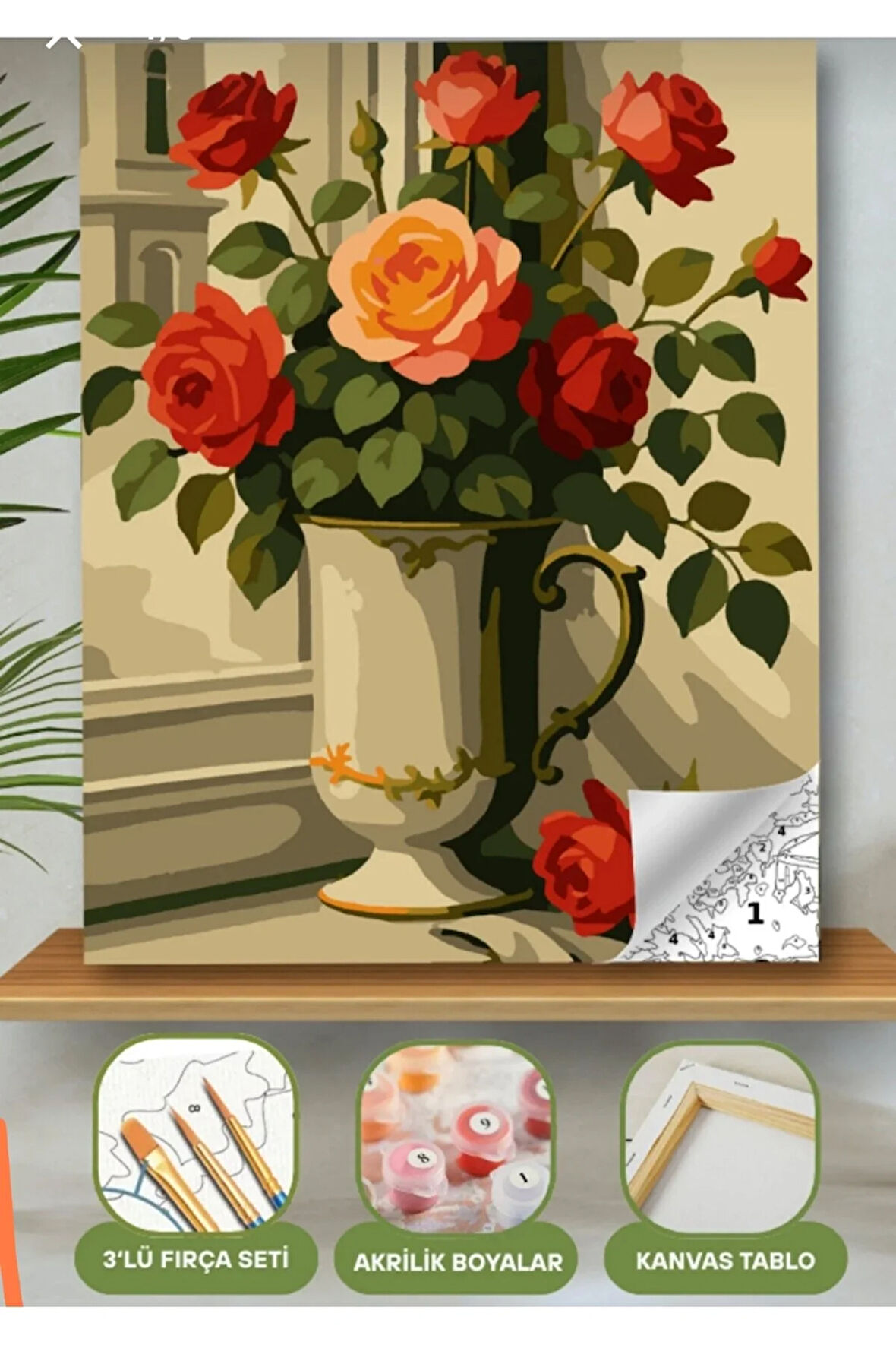 Sayılarla Boyama Seti 40x50 Cm (Çıtalı) Fırça Boya Dahil Numaralı Tuval Kurplu Saksı Kırmızı Gül