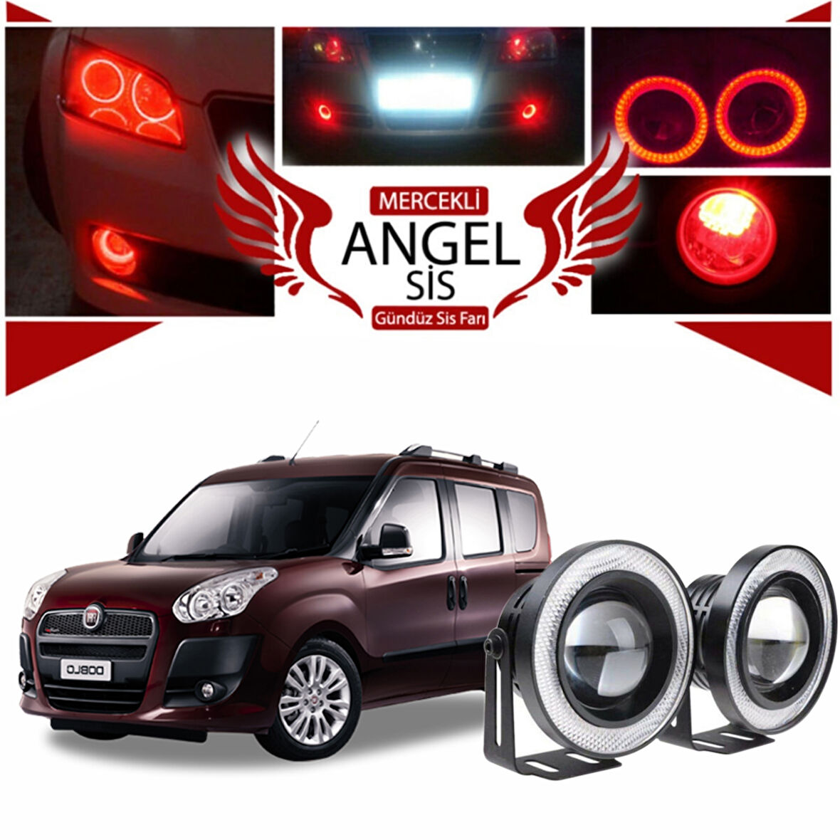 Fiat Doblo D3 Uyumlu, Universal Mercekli Led Angel Sis Farı, 76mm Kırmızı Renk