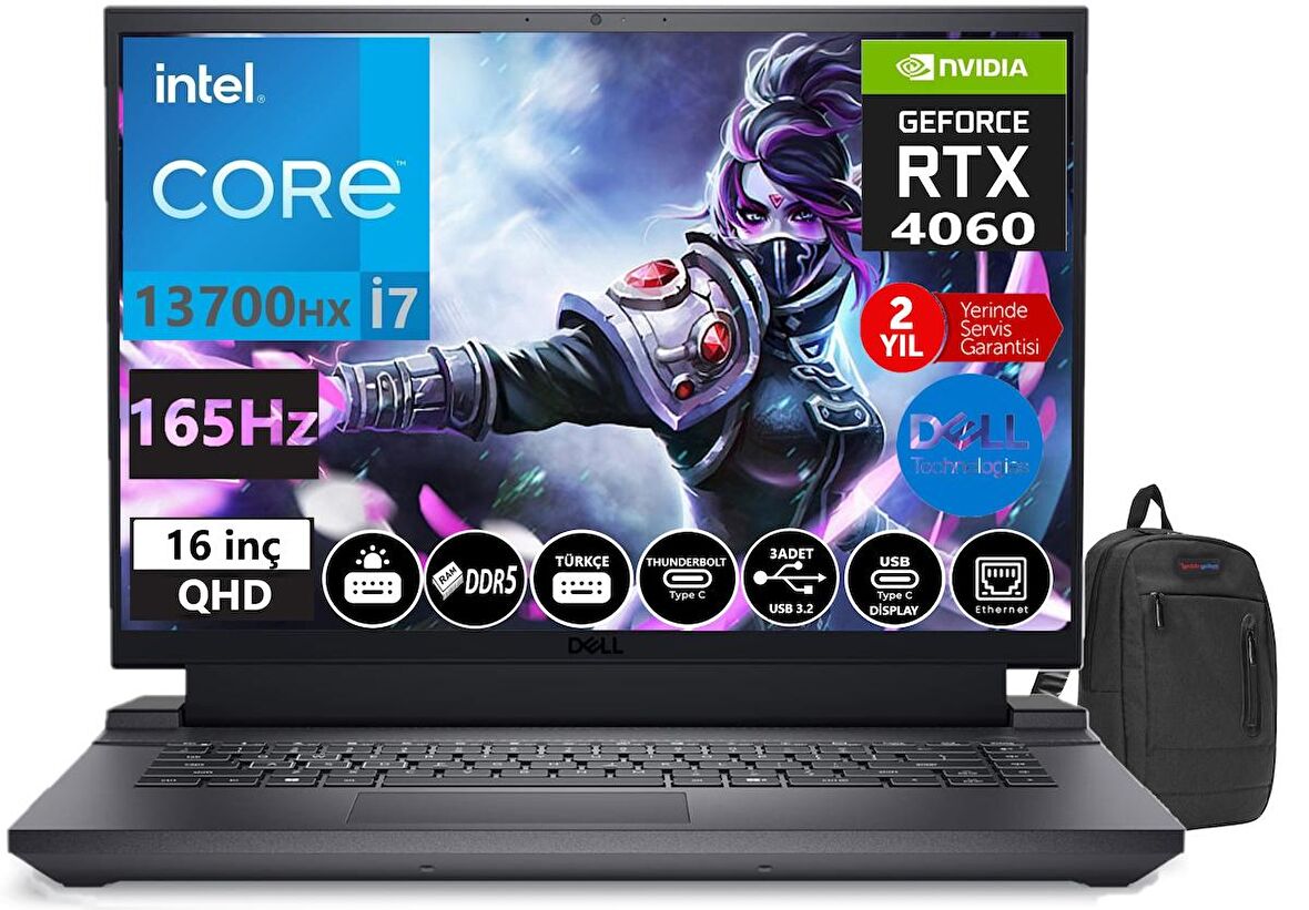 Dell G16 7630 İntel Core İ7 13700HX 16GB DDR5Ram 1TB SSD 8GB RTX4060 16 İnç 165HZ QHD+ Freedos Taşınabilir Bilgisayar G7630240101002+WeblegelsinÇanta